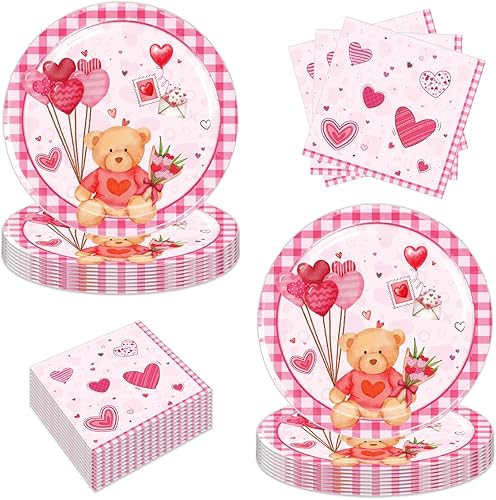 Miniatura 1 de Paquete de 48 suministros para fiesta del día de San Valentín, 24 platos y 24 servilletas, decoraciones de fiesta de cumpleaños para el día de San