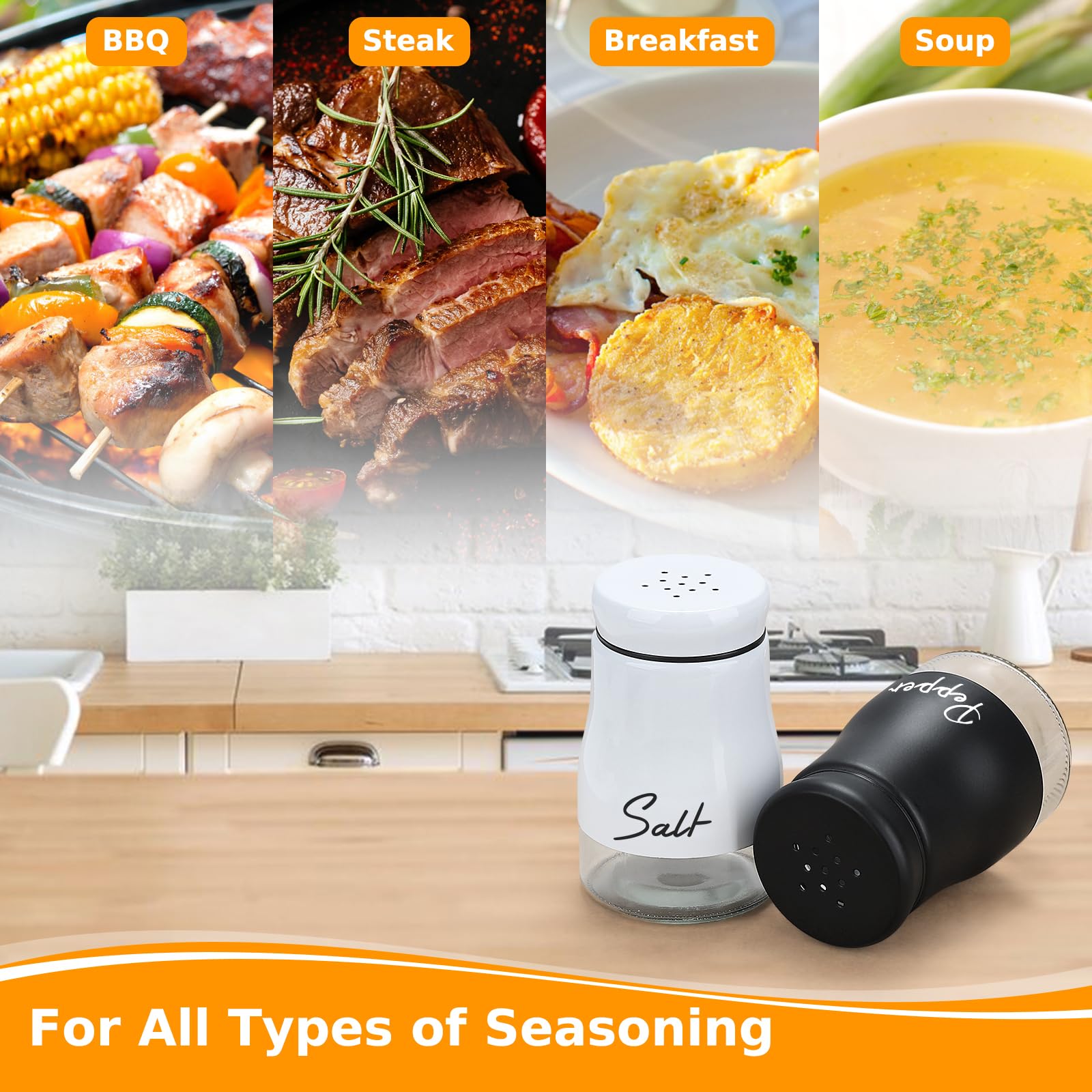 Accmor Juego de salero y pimentero, 141.7 g de acero inoxidable para sal y pimentero, recipiente para condimentos con fondo de vidrio para cocinar en casa, restaurantes, bares, barbacoas