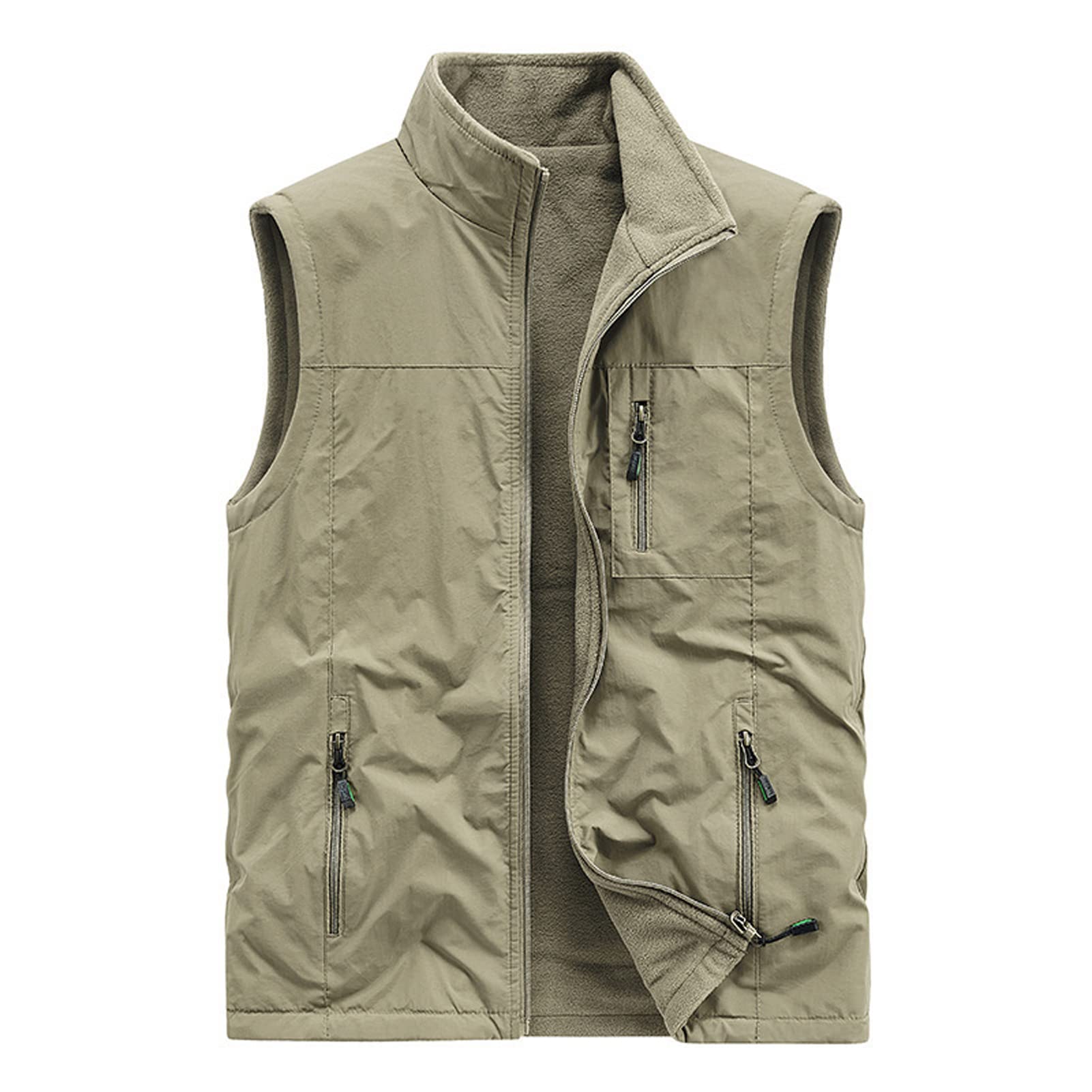 Múltiples Bolsillos Cotton para Hombres Gilet Chaleco Al Aire Libre Casual Zip Up Chaqueta Sin Mangas Cálido Pesca Chaleco De Viaje Trabajo Outerwear Khaki-L