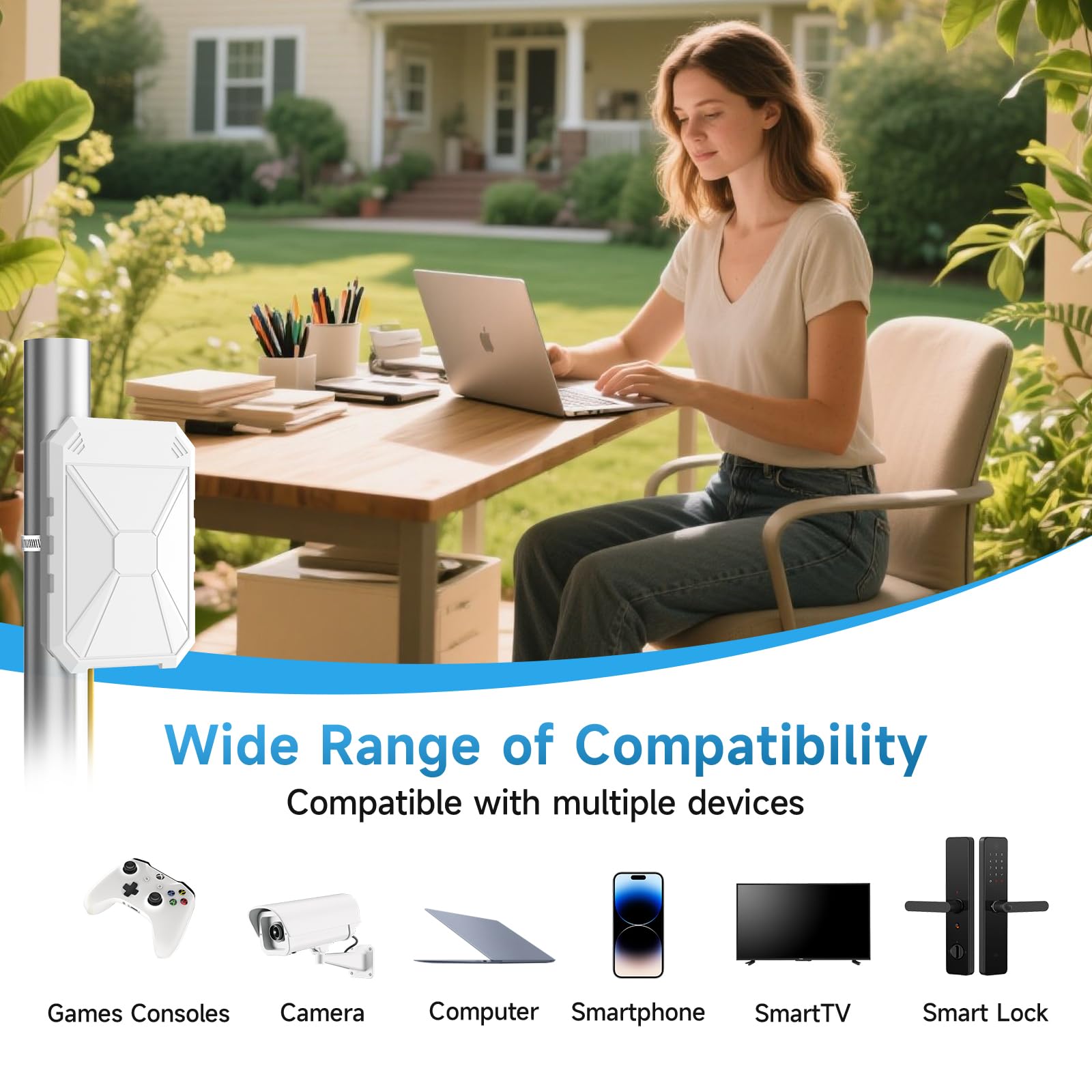 N300 Potente Ripetitore WiFi Esterno, wifi Extender Esterno, Amplificatore WiFi Con 4 antenne integrate, Resistente Alle Intemperie IP67, WPA/WPA2, Passivo PoE, Porta Ethernet, Per Giardino e Patio