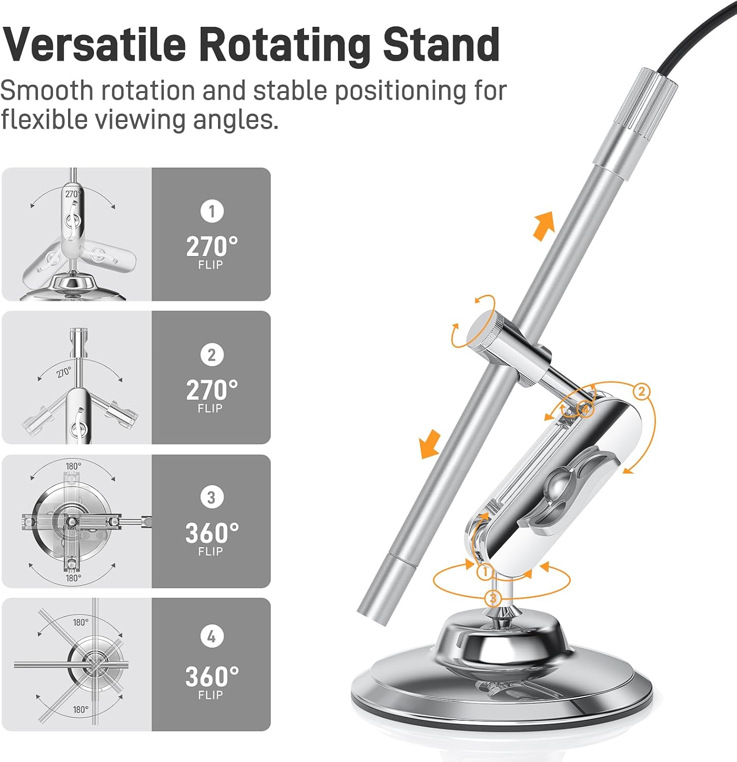 Diagrams illustrating the versatile rotation and adjustment capabilities of the microscope's metal stand.