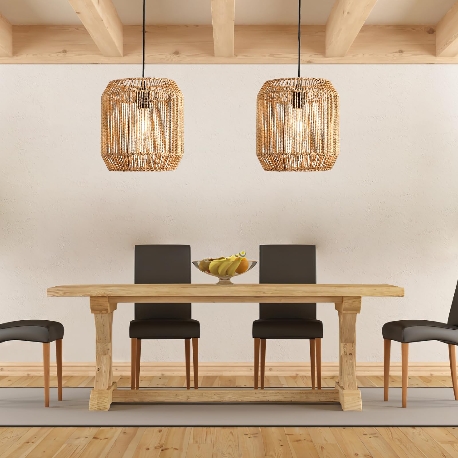 Pendelleuchte Rattan - Boho Lampe Hängend Ø26cm Vintage Deckenlampe Rattan E27 Hängeleuchte Geflochten für Esstisch Küche Wohnzimmer Schlafzimmer Flur