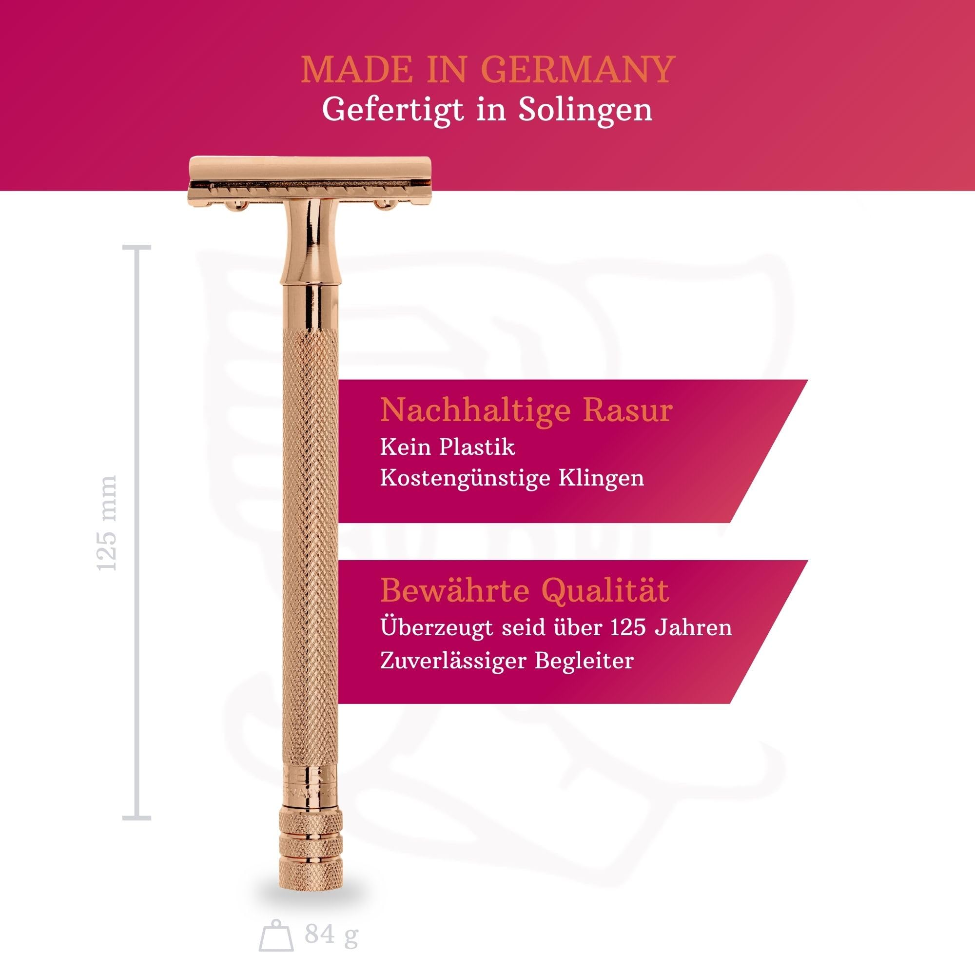 MERKUR 24G Rasierhobel für Damen mit 10 Premium Rasierklingen | extra langer Griff | Dreiteiliger Rasierer | gerader Schnitt | Roségold | Made in Germany