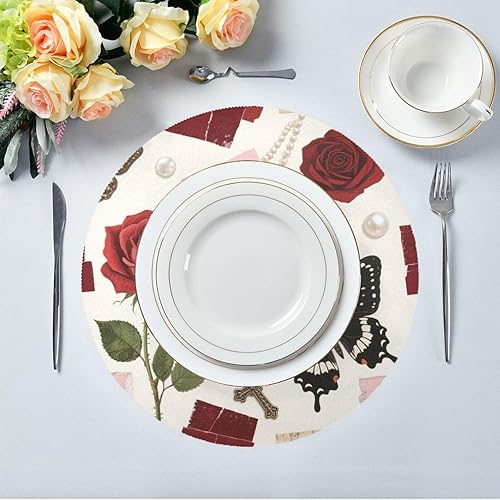 Miniatura 5 de Juego de 6 manteles individuales redondos con rosas románticas rojas, antideslizantes, reversibles, acolchados individuales para mesa de papel de