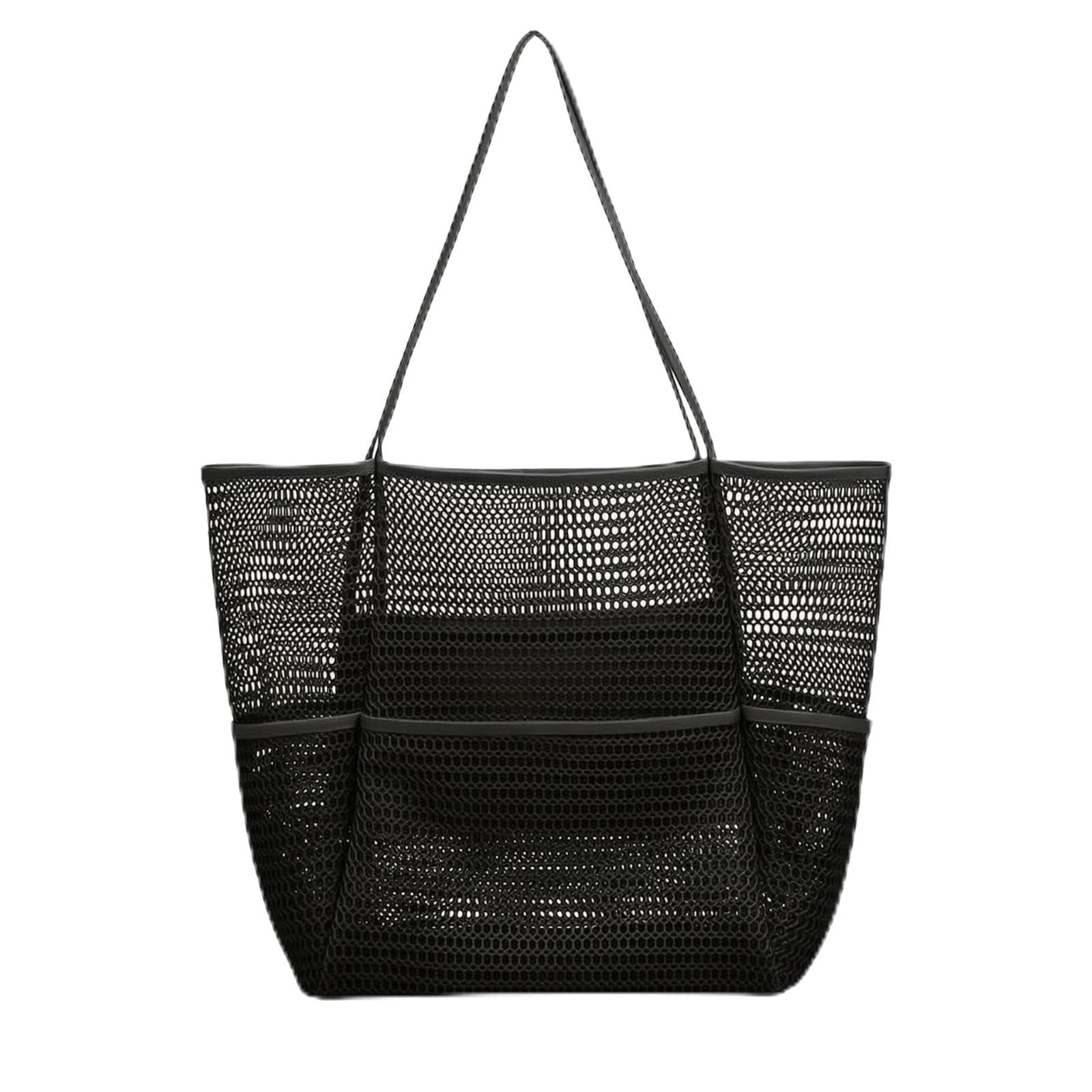 Mesh Beach Tote Compact Pocketed Beach Tote Exterior Pockets Black-image-43