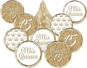 White and Gold Quinceañera Chocolate Kisses Party Favor Stickers, Mis Quince Años Sweet 15 Birthday Party - 180 Count