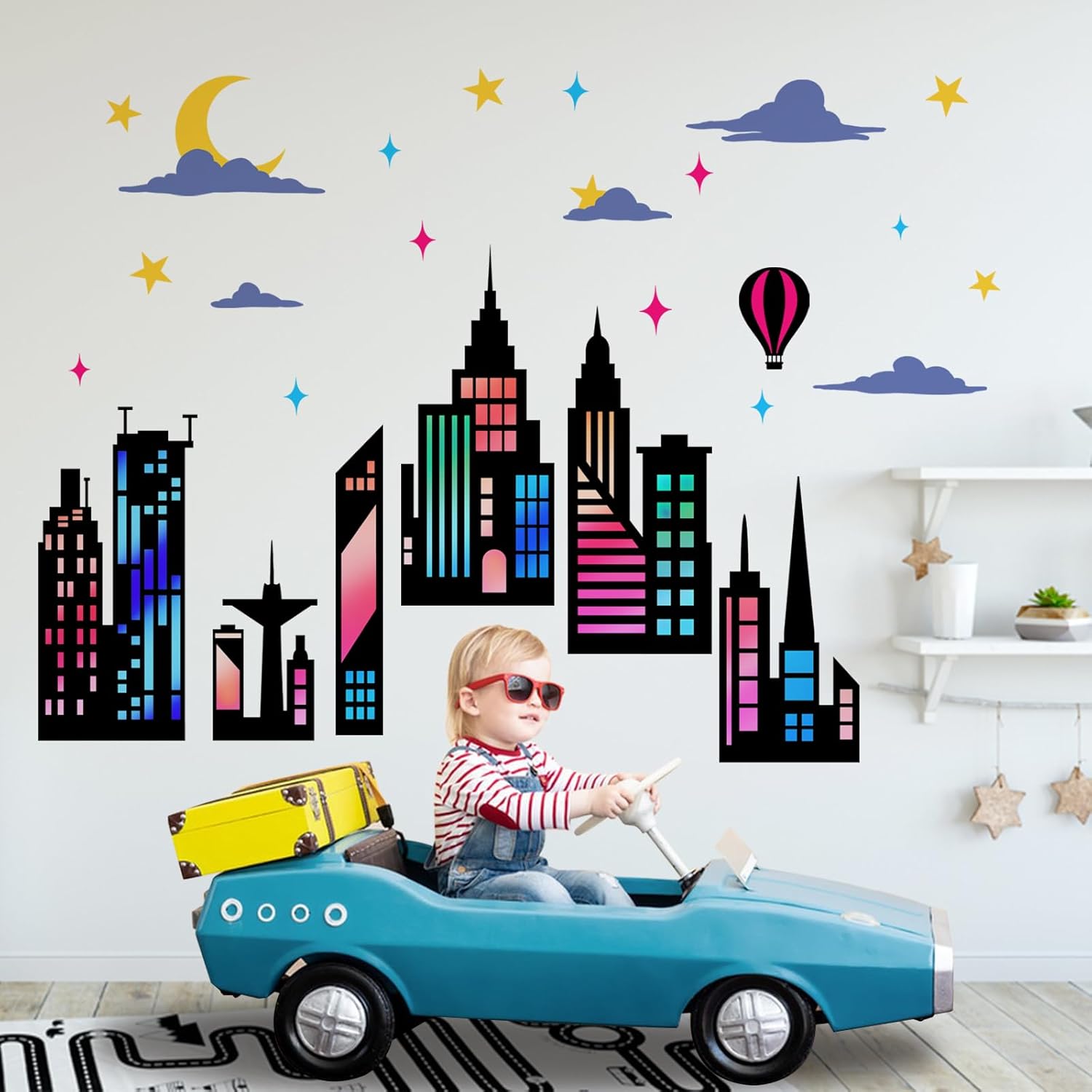 Condition photo showing New/Like New for yovkky night city skyline wall decals stickers, colorful cityscape building silhouette home bedroom decor, moon cloud star hot balloon living room kitchen decorations art night house