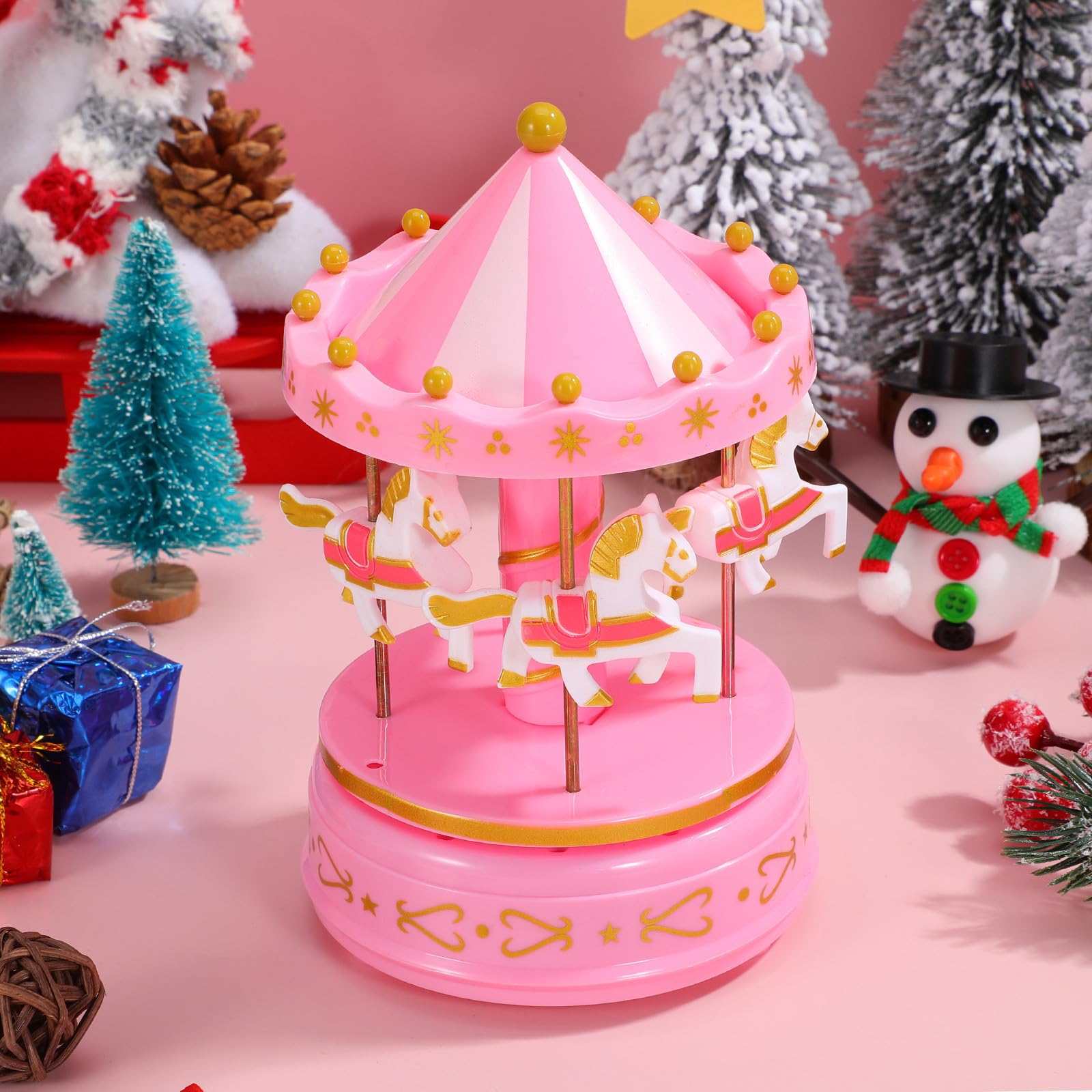 Holibanna Caja de Música y Artesanía Exquisita de Carrusel Rosa Portátil y Fácil de Operar Diseño Romántico para Obsequio en Navidad y Año