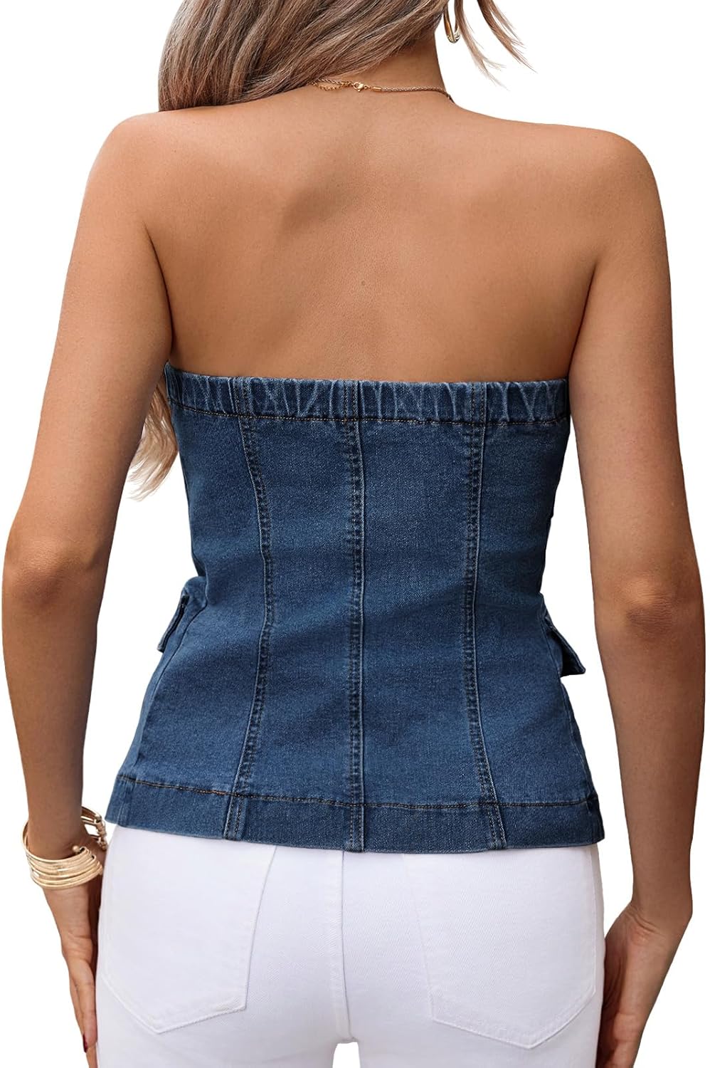 Cicy Bell Womens Strapless Denim Vest Summer Button Down Jean Tube Tops Y2k Going Out Fitted Bandeau Shirts Waistcoat - Image 3