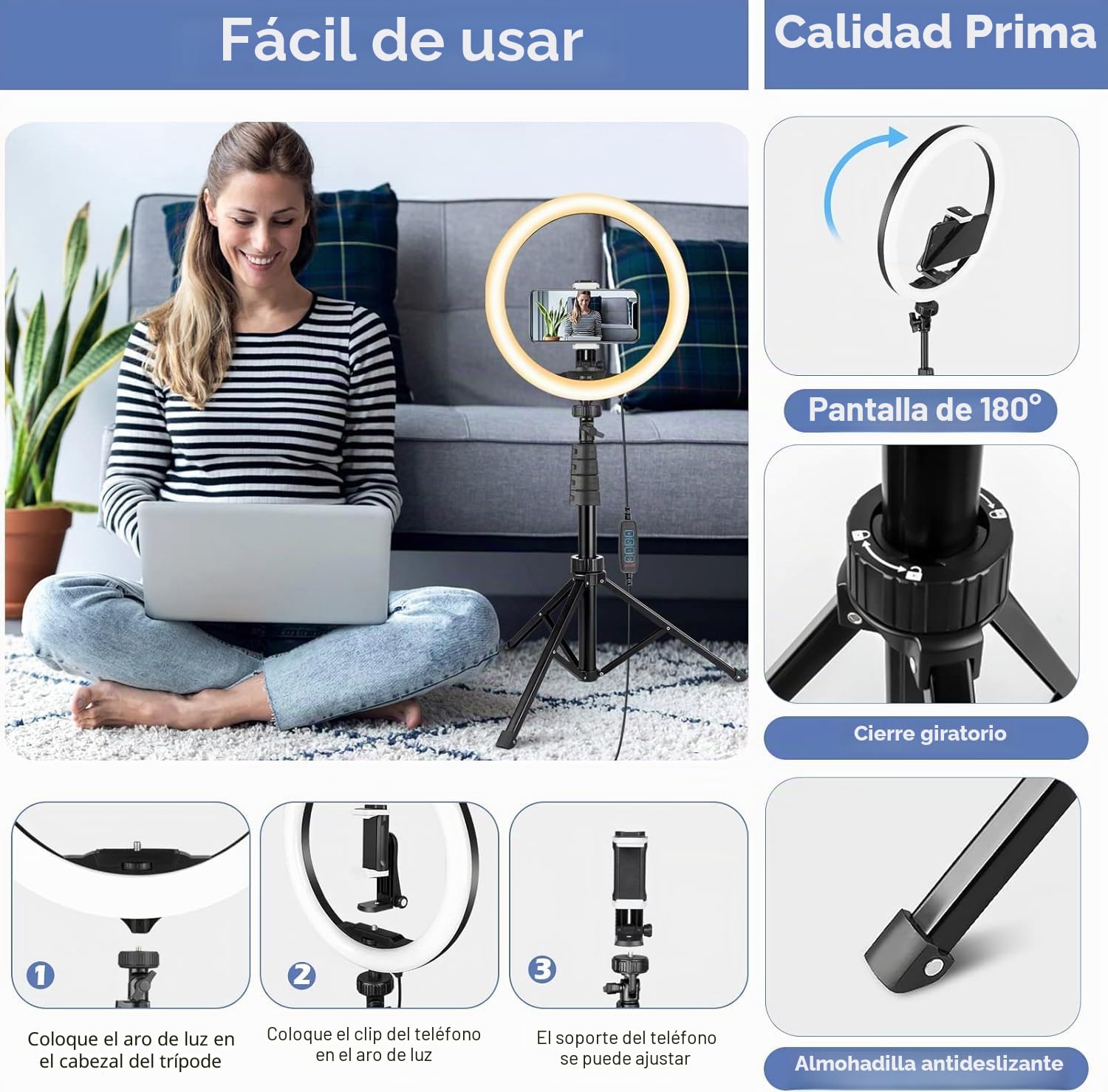 UBeesize Anillo de Luz de 12" con Trípode de 170cm, Aro de Luz para Grabar Vídeo y Retransmitir en Vivo en Youtube, Instagram o TikTok, Aro de Luz con Trípode Compatible con Teléfonos y Cámaras