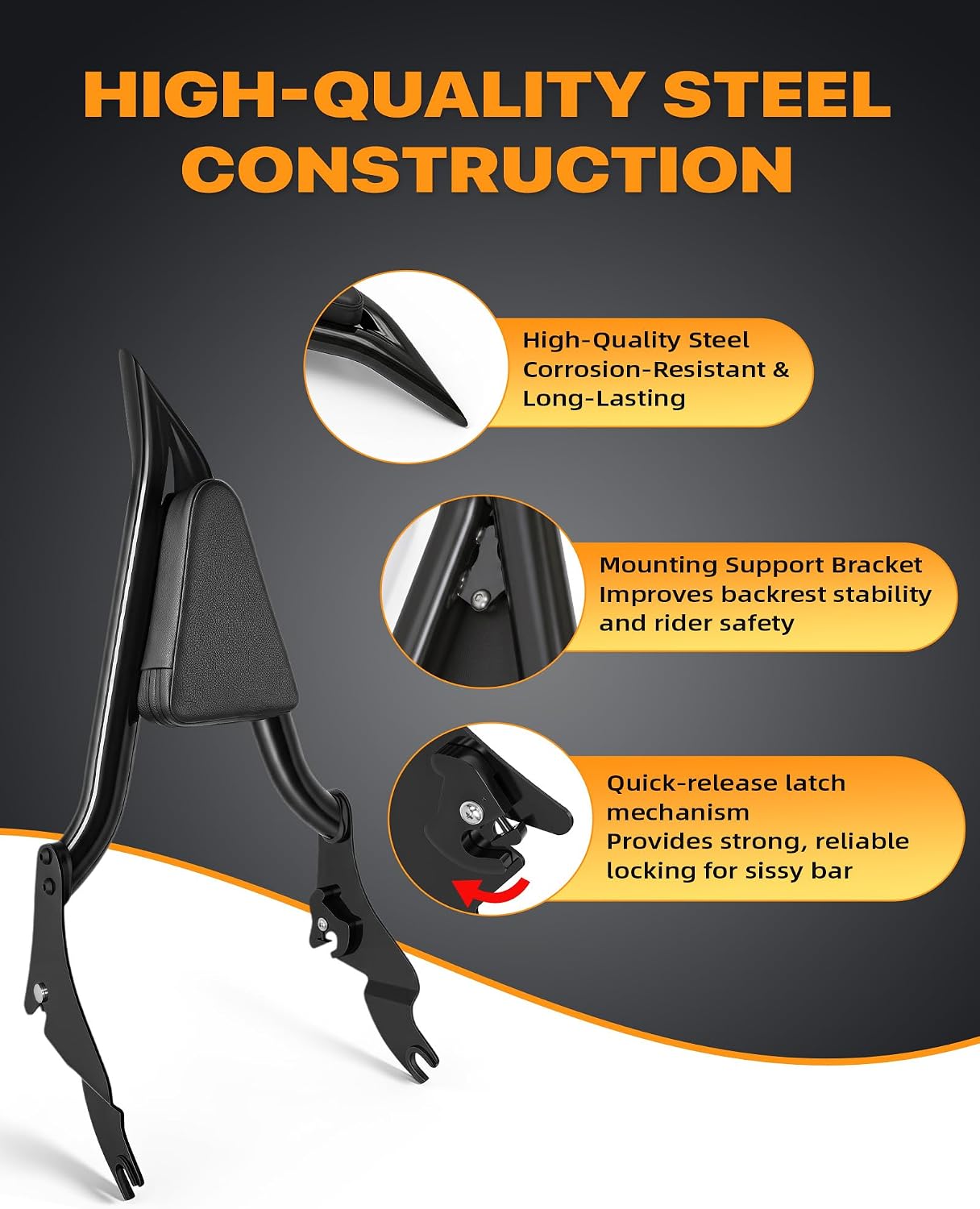 2009-24 Sissy Bar Passenger Backrest 23” Fit for Harley Davidson Touring Street Glide Road Glide Road King Electra Glide CVO 09-24 (Black)