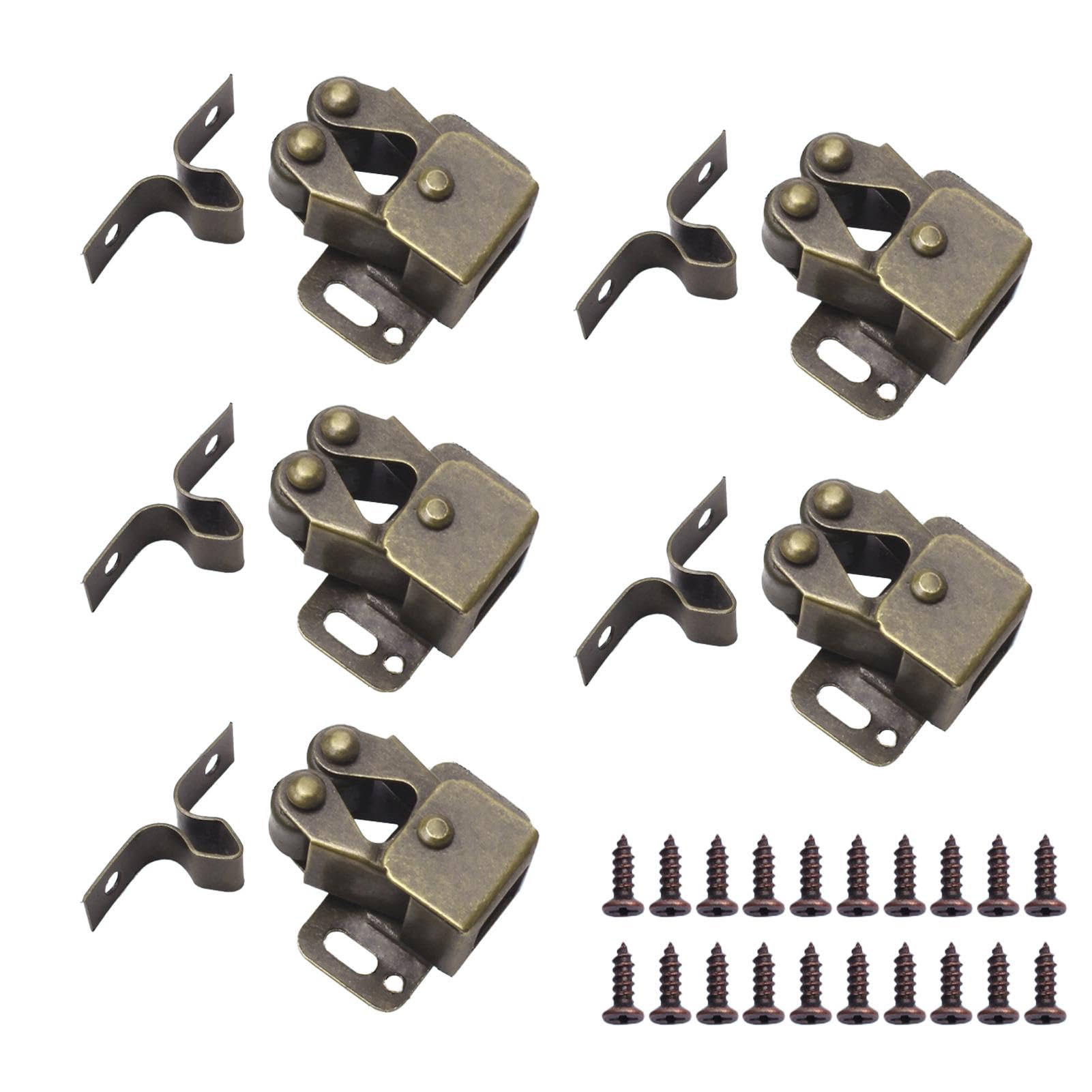 5PCS Double Roller Catch, Catch Cupboard Cabinet Door Latch, Twin Roller Closet Catches Carava-n Door Latch with 20 Screws, for Kitchen Close Cabinet Cupboard Closet Doors (Antique Bronzed)
