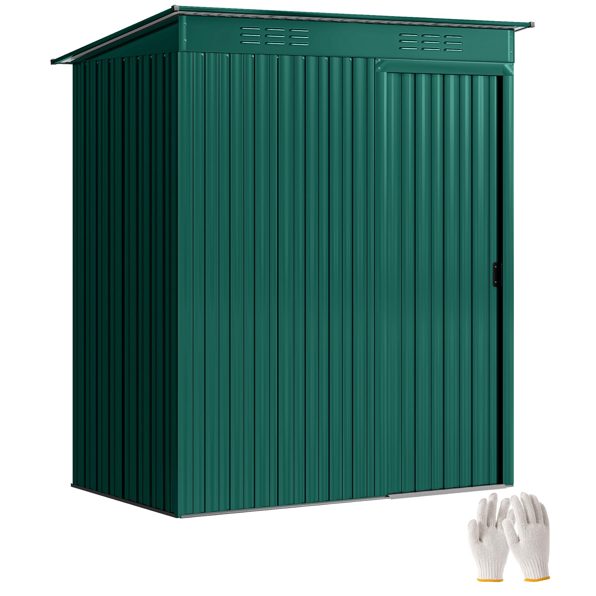 Outsunny 5 x 3.5ft Metal Garden Storage Shed with Effortless Assembly and 2 Pairs of Gloves, Waterproof Outdoor Shed with Sliding Door, Vents and Pent Roof for Furniture Tools Bike Storage, Green