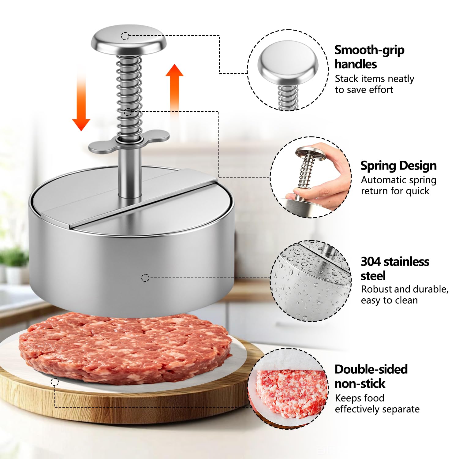 304 Acero Inoxidable Prensa Hamburguesas Hacer Hamburguesas de 11Cm de Diámetro Incluye 150 Láminas Papel Horno Molde para Hacer Hamburguesas Adecuado para Barbacoas y Ocasiones Similares