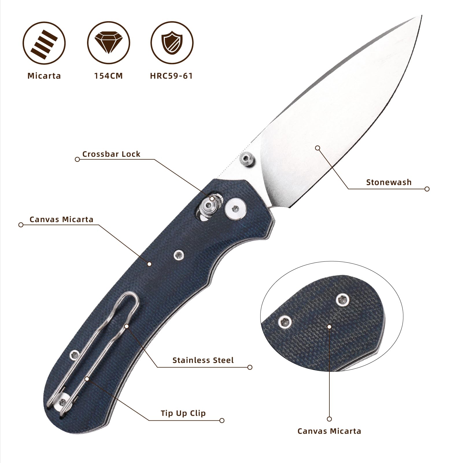 Klappbares Taschenmesser,3.31" 154CM Klinge,Erogonomischer Titan Griff,Jagd Überlebensmesser,EDC Messer für Jagd Camping Überleben Outdoor Angeln Wandern (Blau)