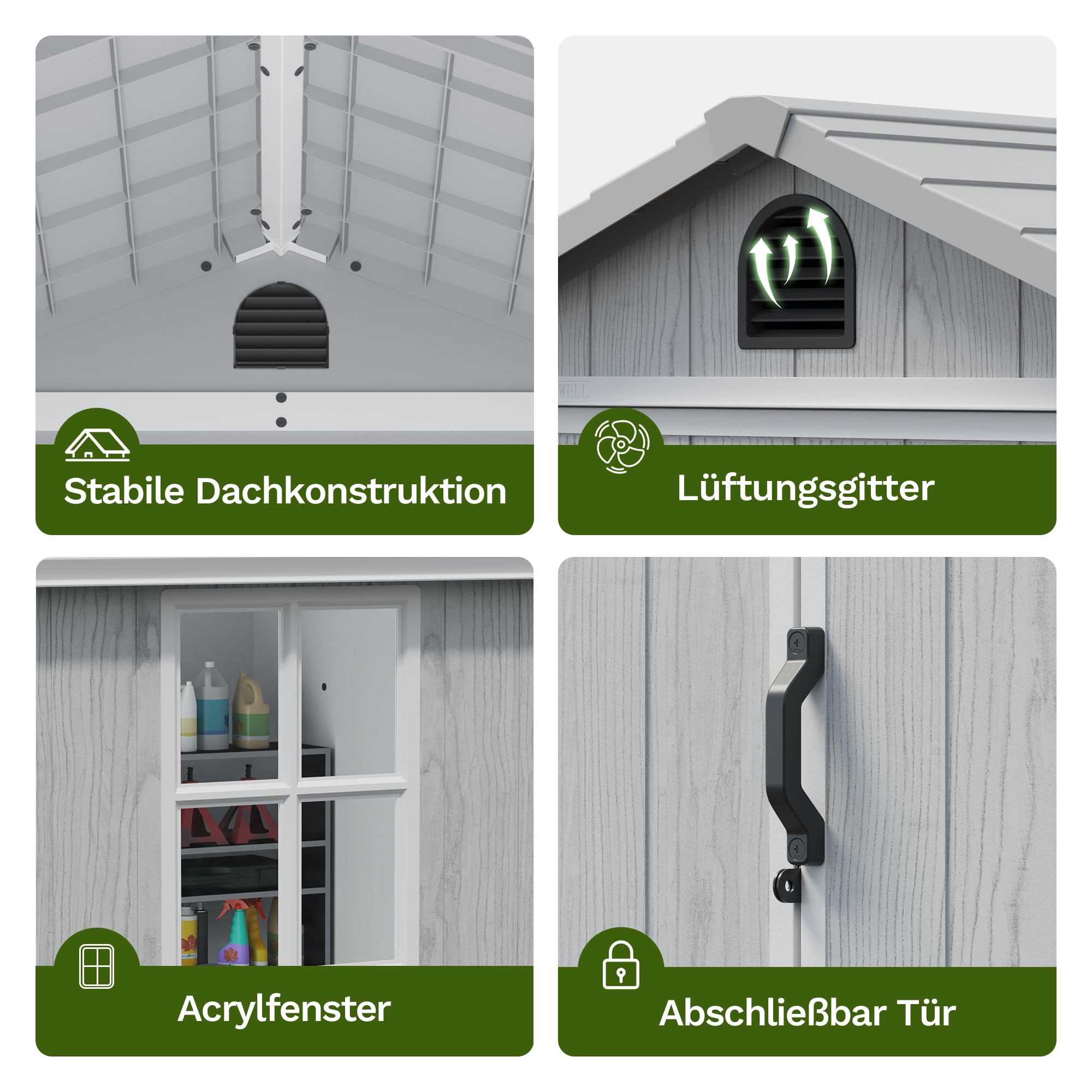 Devoko 4x4 Gartenhaus 2,3m³, Kunststoff, 116x116x195 cm Gerätehaus mit Boden, Geräteschuppen mit Abschließbar Tür und Belüftung, Draußen, Wetterfest für Garten Rasen, Hellgrau