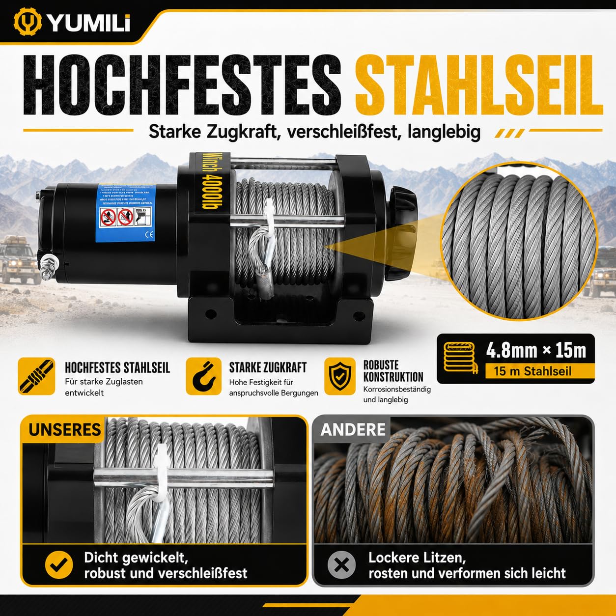 Elektrische Seilwinde 12V, 4000 LBS/ 1818 Kg Motorwinde Seilzug, 4.8mm x 15m Stahlseil Elektrowinde Winde, Wasserdicht nach IP67 mit Fernbedienung, für UTV, ATV, Bootstrailer, Offroad-Bergung