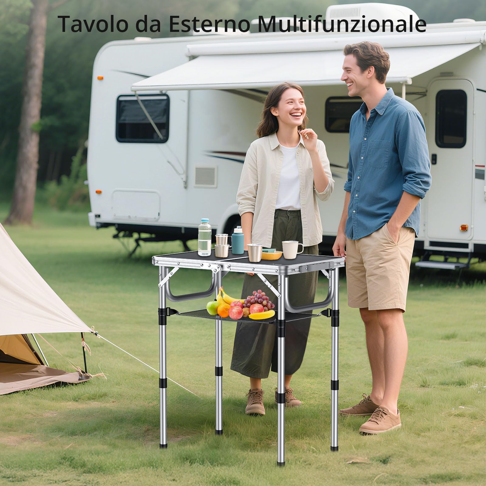 Anbte Tavolo da Campeggio Pieghevole Regolabile in Alluminio Portatile 3 Altezze con Rete di Stoccaggio Nero