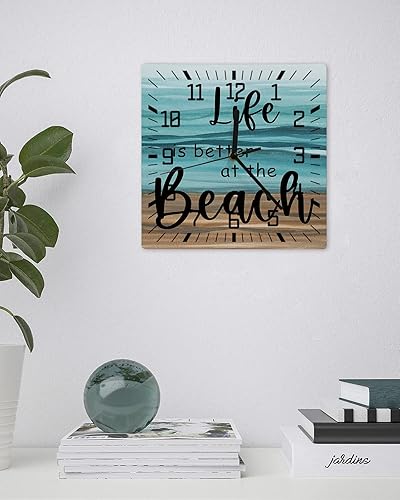 Miniatura 3 de Life is Better at The Beach Wooden Wall Clock Silent Non Ticking, Summer Beach Teak Ombre Square Wall Clock Battery Operated, Decor Clock for Home