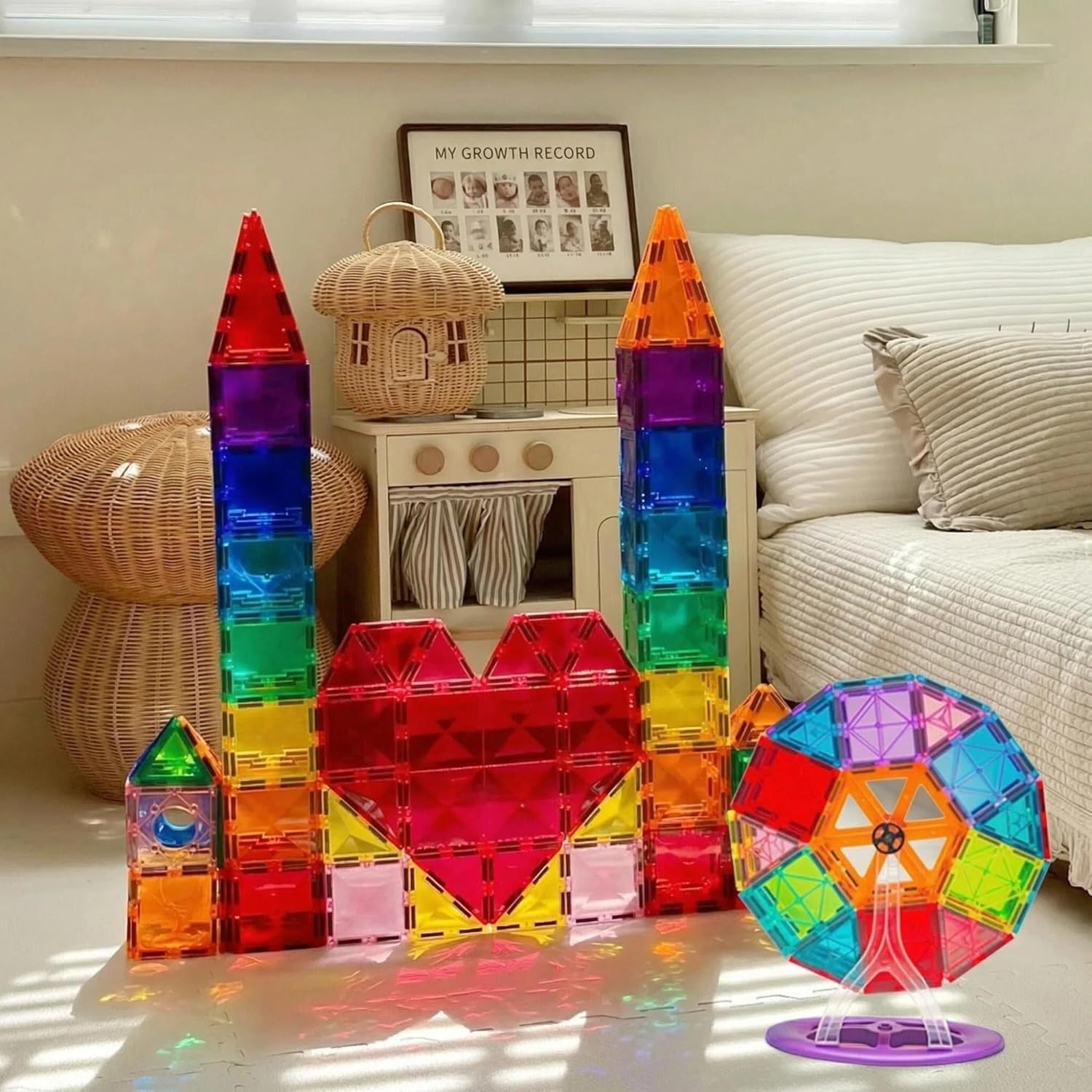 100 Magnetische Bausteine mit 1 Auto, STEM-Bauspielzeug, Kinderspiel Zusammenbauen, Lernspielzeug geeignet fur Kinder ab 3 Jahren,magnetisches Spielzeug fuir denKindergarten (bunt)