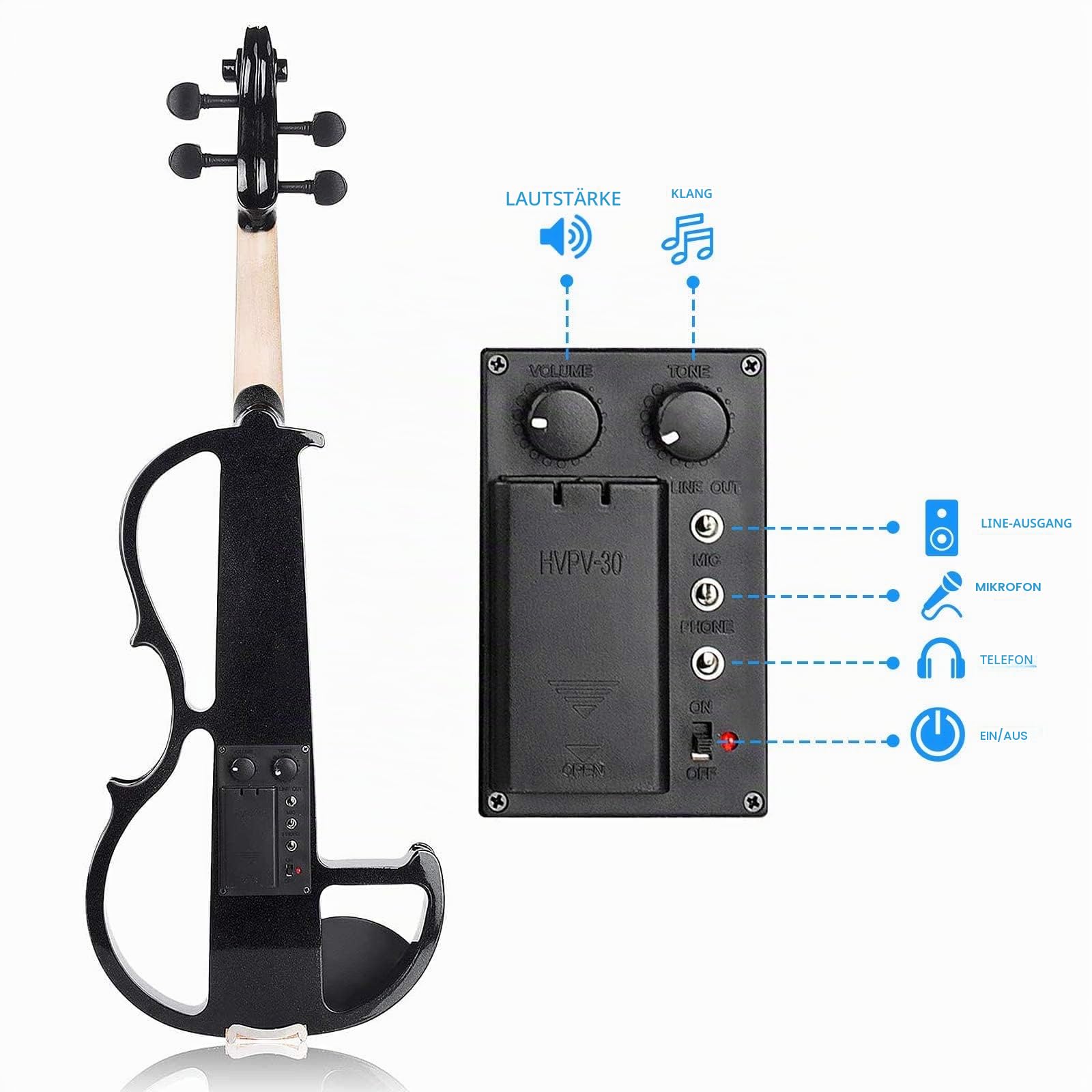 Vangoa 4/4 Elektrische Violine E Geige aus Massivem Holz Electric Stille Violine in Volle Größe mit Kolophonium, Tragetasche, Audiokabel, Schulterstütze, Bogen, Schwarz