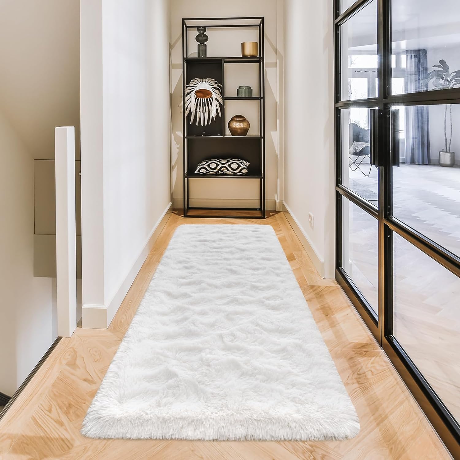 Terrug White Runner Rug for Bedroom, 2x8 Ft Cute Shag Area Rugs for Hallway, Soft Machine Washable Plush Carpet with Non Slip Backing for Bathroom Bedside Kitchen Floor Decoration