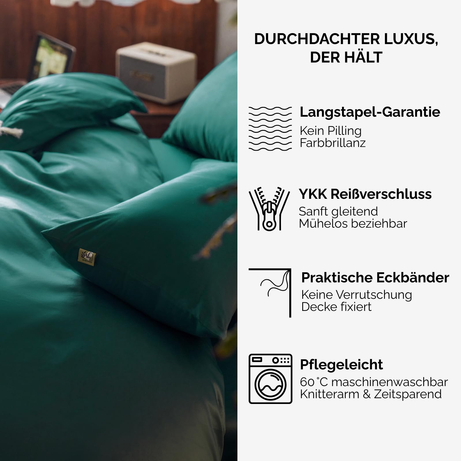 Mako Satin Bettwäsche 135x200 Dunkelgrün - 100% Ägyptische Baumwolle (400 TC) - Hochwertig, Kühlend, Bügelleicht & Glatt wie Seide - Bettbezug Set mit Kissen 80x80 & Reißverschluss