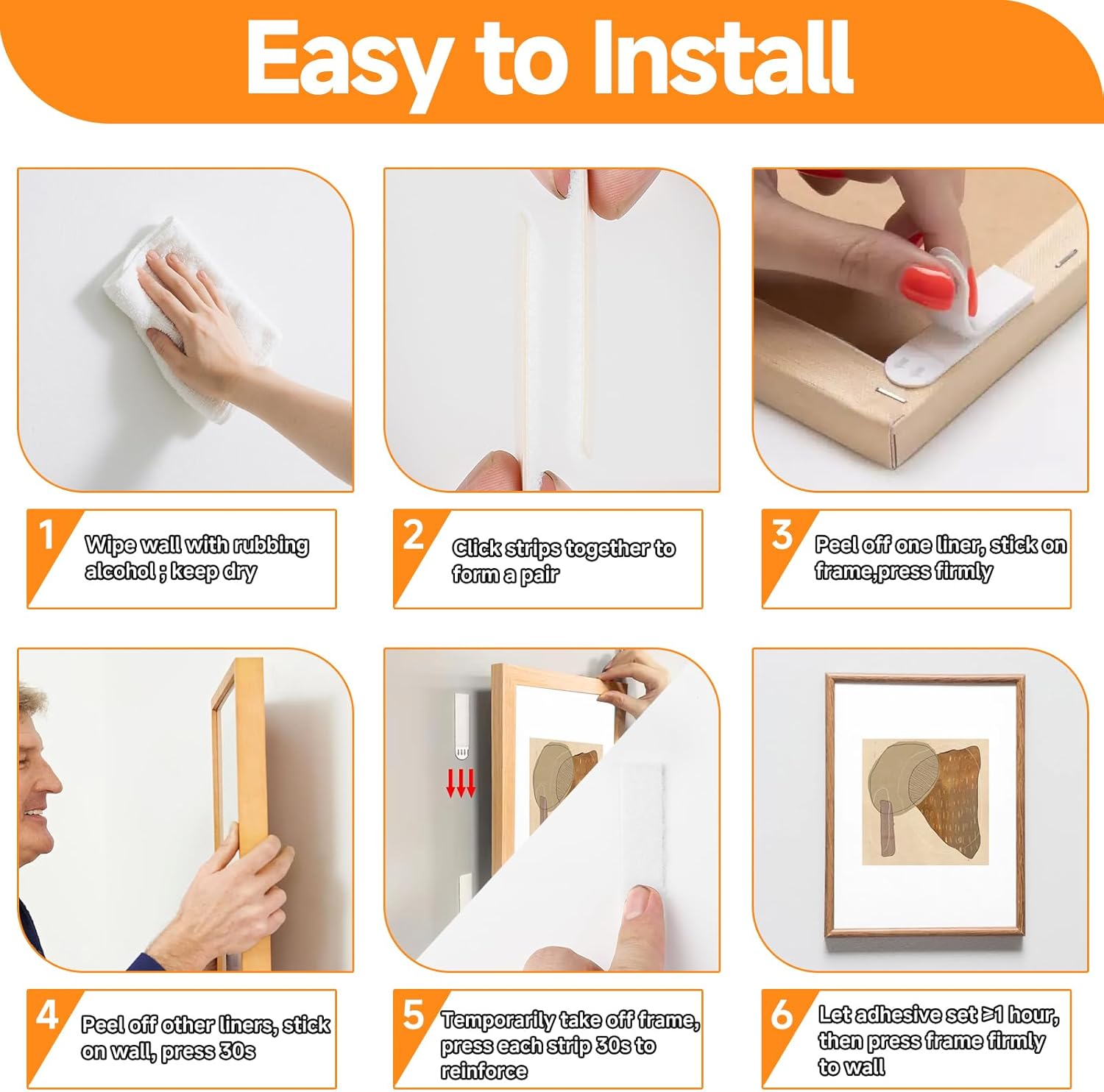 Strip Refills Compatible with Command, 24-Pairs(48 Strips) Large Picture Hanging Strips for Wall Hooks, Damage-Free Sticky Picture Hangers, Adhesive Strip Ideal for Posters and Decorations