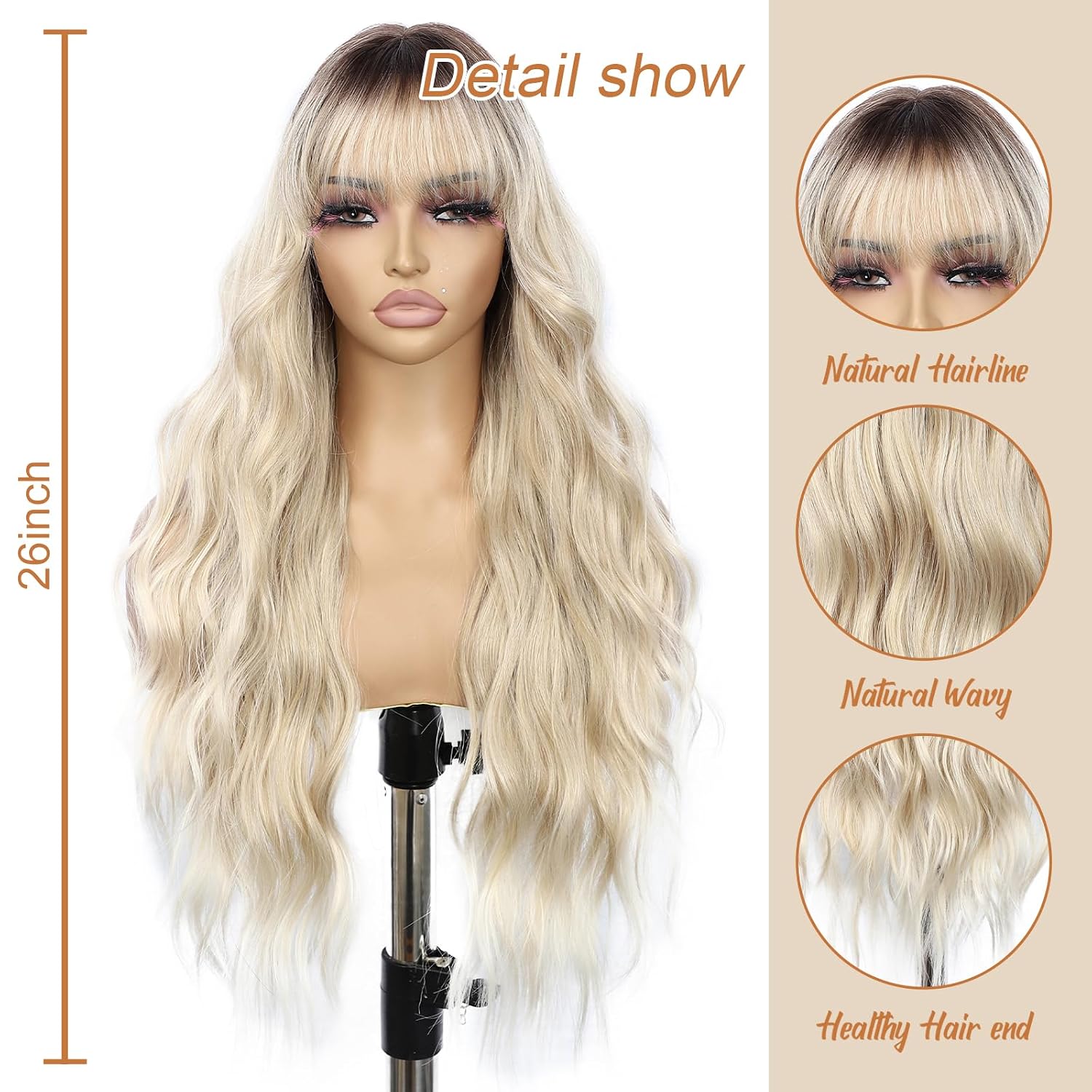 SAPPHIREWIGS Blonde Wig with Bangs Long Body Wavy Wigs for Women Blonde with Dark Roots Synthetic Curly Wigs for Daily Party Cosplay Use 26 Inch