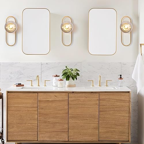 Miniatura 4 de Juego de 2 apliques de pared dorados con pantalla de vidrio transparente para decoración de pared, juego de 2 lámparas de pared para sala de estar,