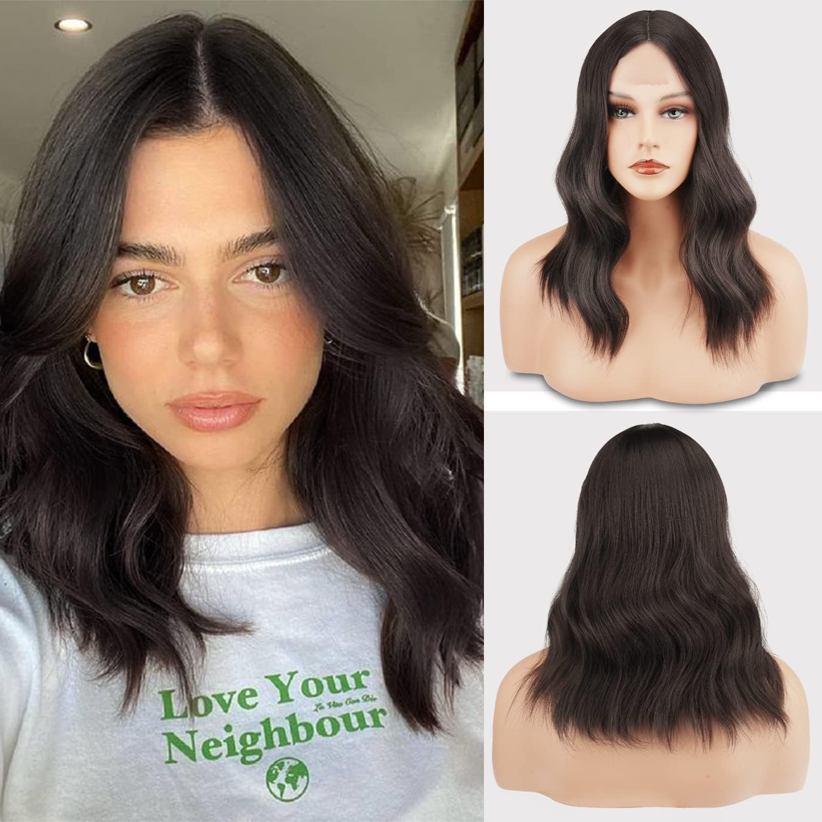 Soft and Smooth 16 Inch Dark Brown Wavy Lace Front Synthetic Wigs Middle Parting Medium Shoulder Length Bob Wig Ideal for Women Wedding and Other Function