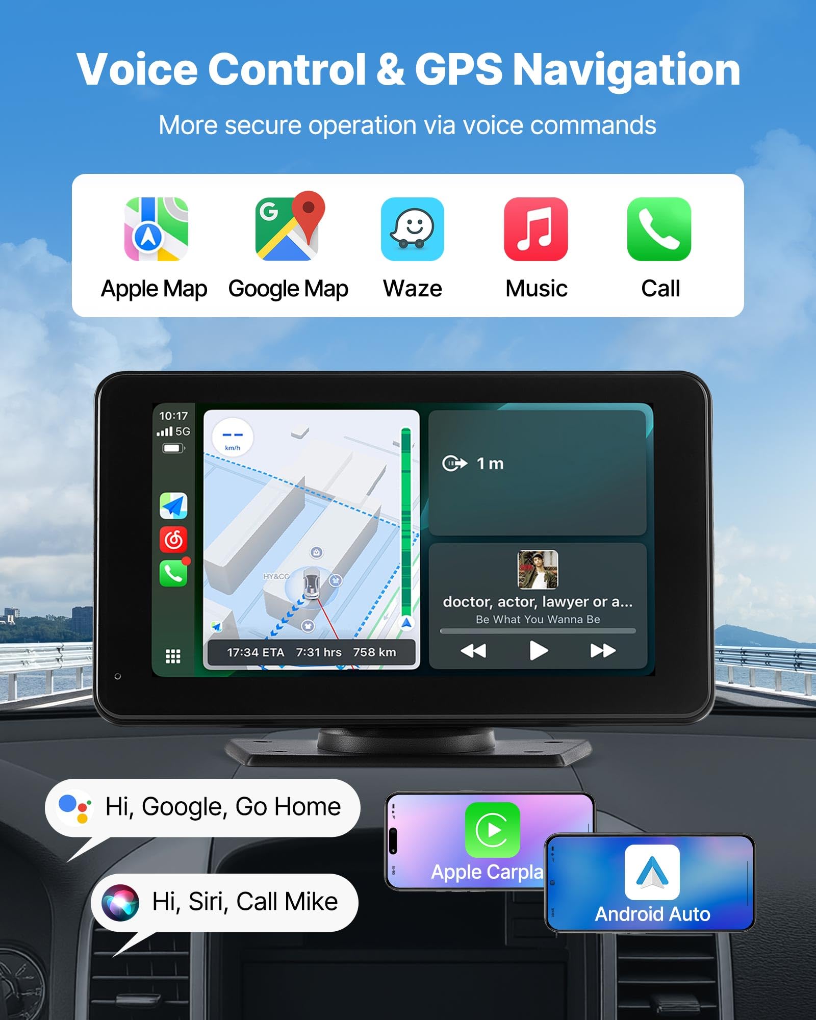 VEVOR Estéreo Inalámbrico para Coche, Radio Portátil HD de 177,8 mm con Pantalla Táctil Compatible con Apple CarPlay y Android Auto, Cámara de Respaldo, Control de Voz, Bluetooth, Navegación GPS