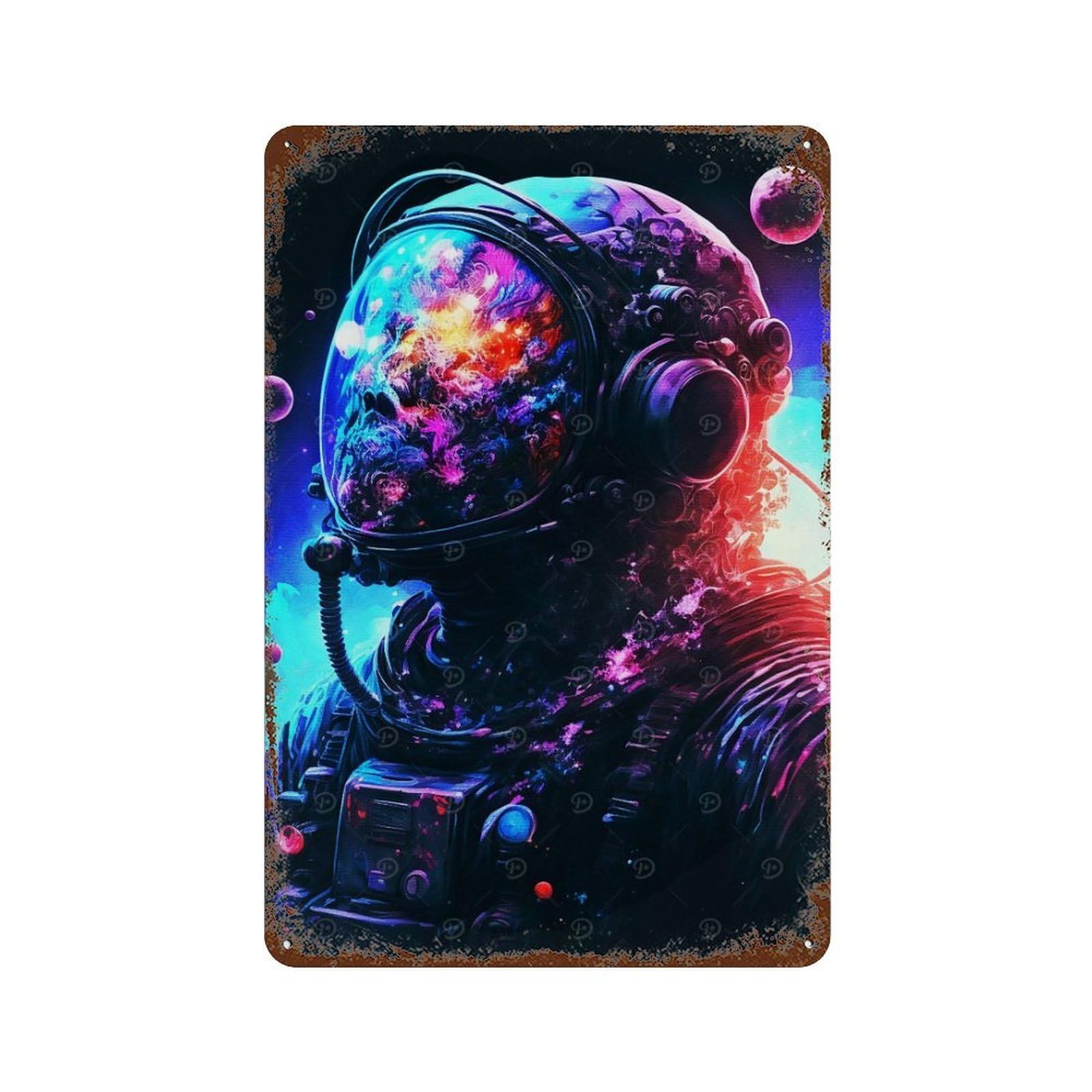 Neon Astronaut Rust Effect Tin Sign 11.8"x7.9", Vintage Wall Decor for Bistro, Counter And Cafe Decor