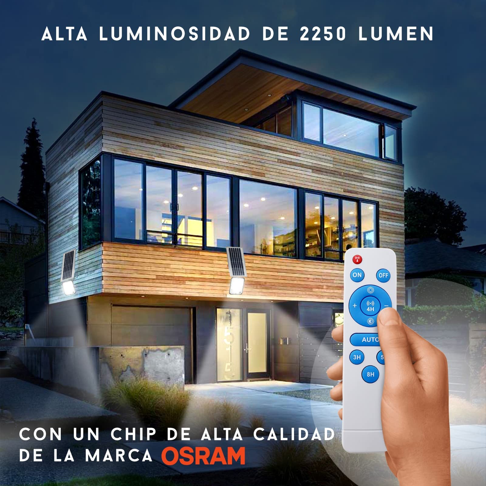 M Ledme - Foco Proyector LED Solar Venecia 50W con mando a distancia, 2250 Lumen, IP66 Regulable, Color Luz fría (6000k), Iluminación exterior, De uso para jardín, patios...Longitud del cable 2,80M