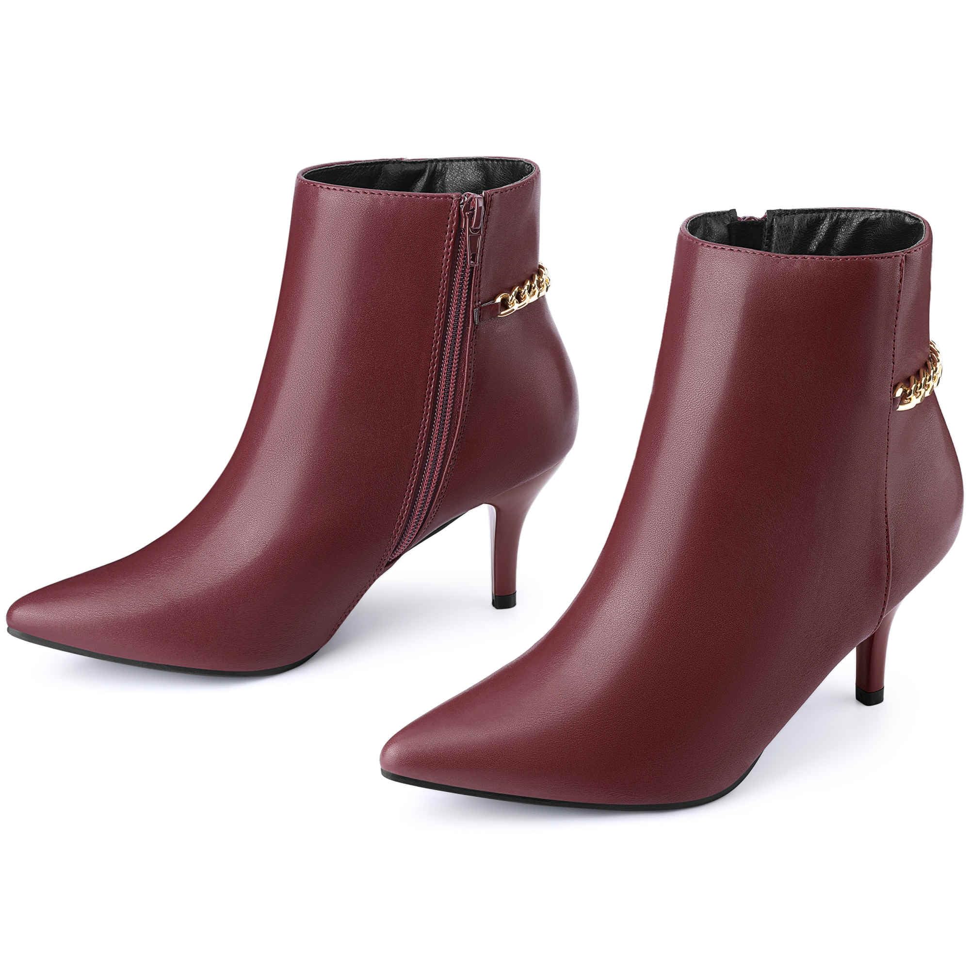 Perphy Kitten Heel Booties Pointed Toe Chain Ankle Boots for Women