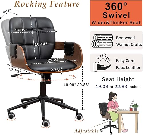 Miniatura 2 de Silla de escritorio de oficina en casa con ruedas giratorias, artesanía de nogal, respaldo y brazos curvos ergonómicos, piel sintética, altura
