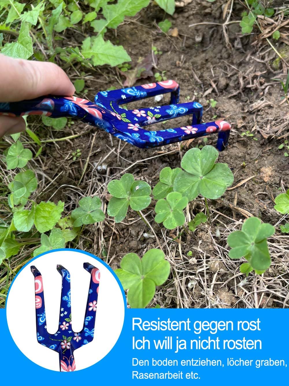 LeapFreedom Gartenschere, große Erdschaufel, Erdharke, Gartenarbeit täglich Lockerung und Beschneidung, rutschfest und langlebig, Geschenk für Männer und Frauen (3 PCS Tool) (Blaue Blume)