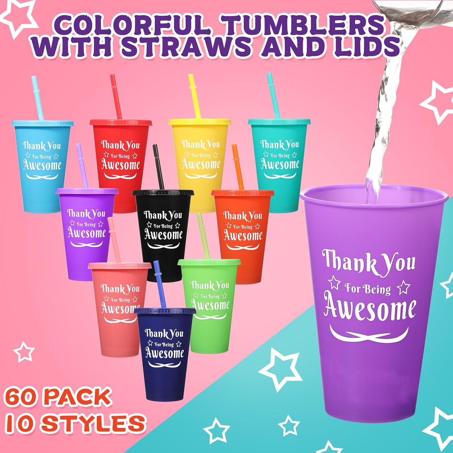 60 Pcs Thank You Cups Bulk 16 oz Colorful Tumbler with Straw and Lid Thank You Staff Appreciation Gifts Employee Mug Water Bottle Cold Drink Travel Mug for Birthday Party Adults Teachers, 10 Colors - Image 2