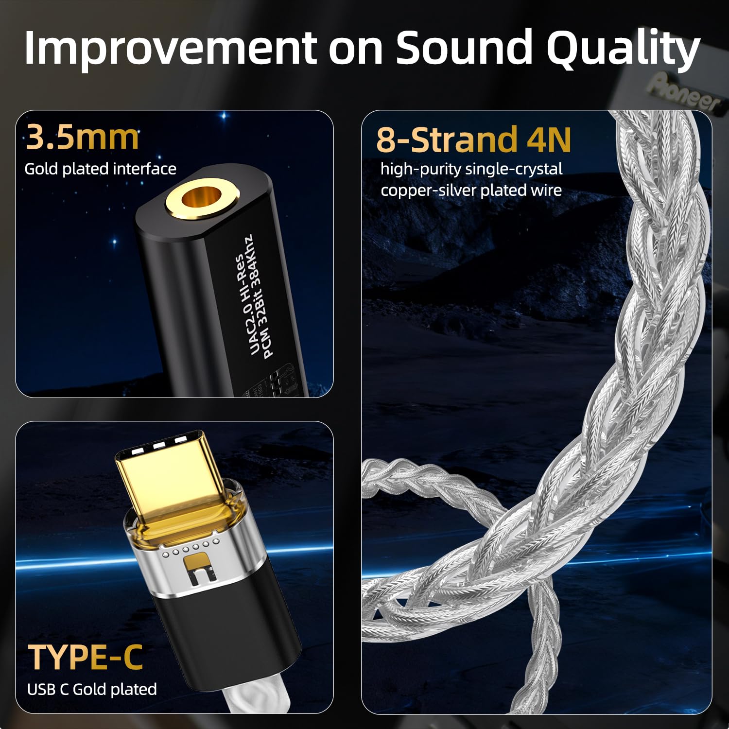 Adattatore per cuffie da USB C a DAC da 3,5 mm con doppio chip CX31993 e MAX97220, amplificatore di decodifica portatile ad alta risoluzione 32bit/384 kHz, con cavo OCC placcato argento per iPhone