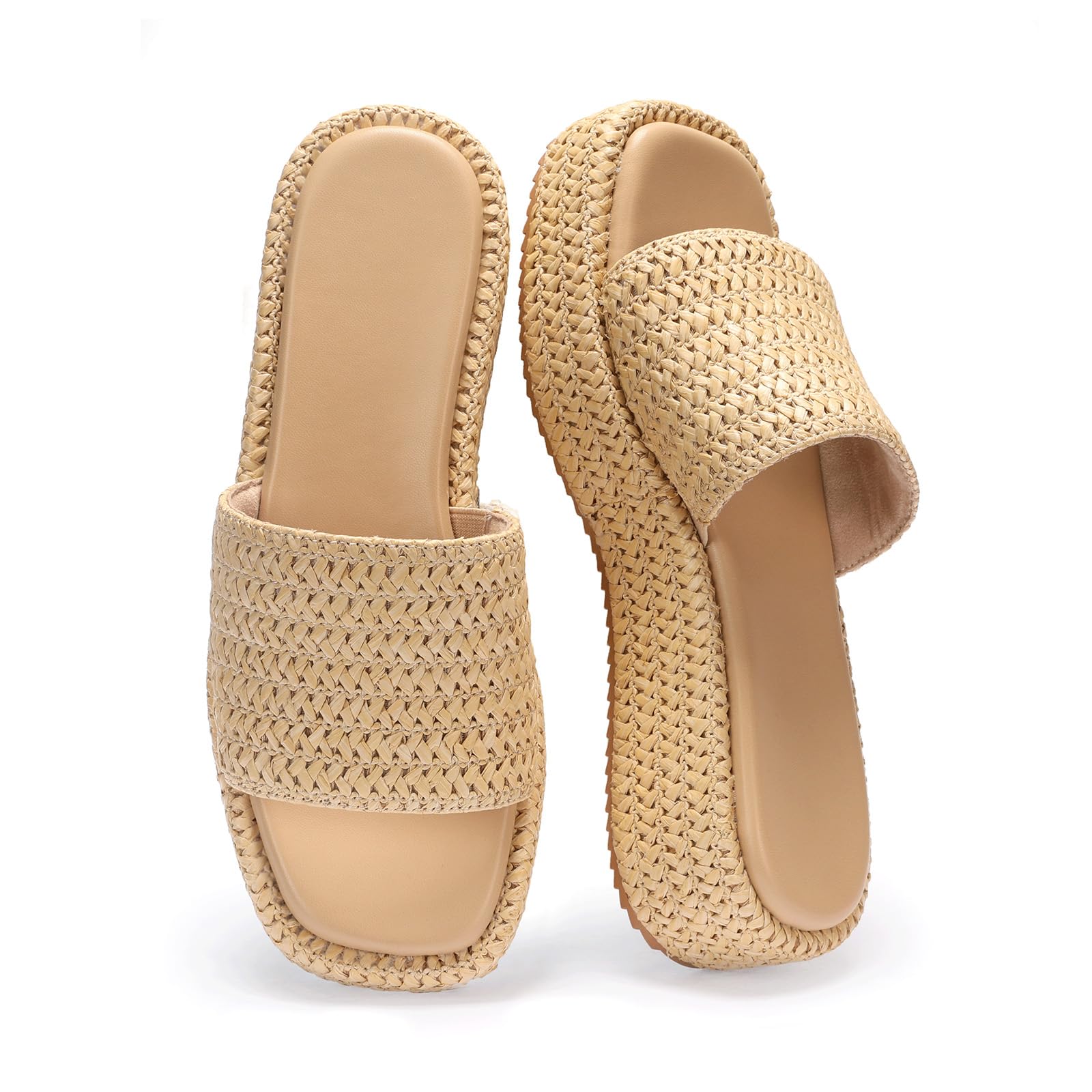 Monrovia Platform Sandals Women Raffia Espadrille Slides, Woven Straw Flatform Beach Sandals Women, Slip On Summer Vacation Shoes, Comfortable Casual Daily Wear