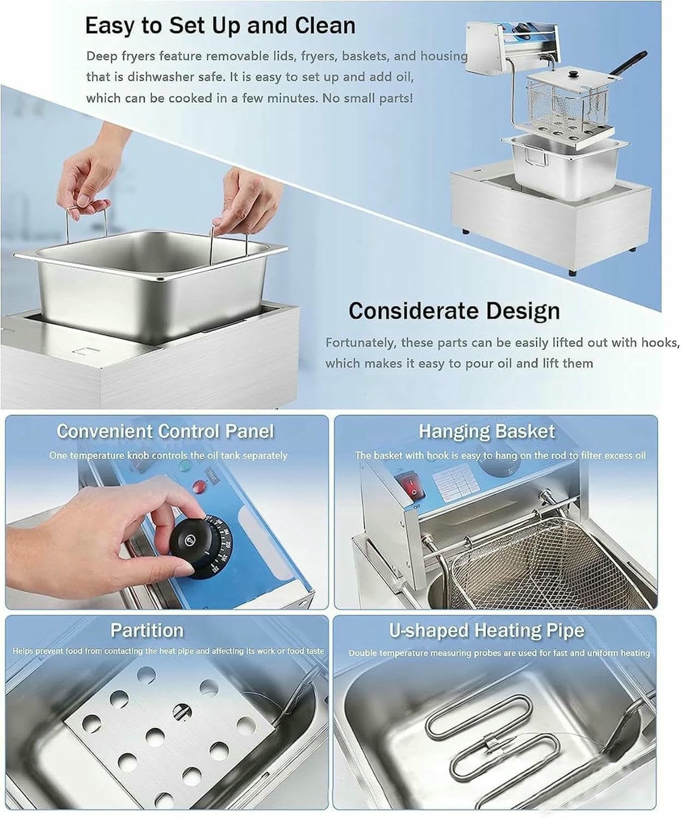 Freidora de Aceite eléctrica Comercial de Acero Inoxidable de 6 litros y 12 litros, con Ajuste de Temperatura e indicador Luminoso y termostato Ajustable