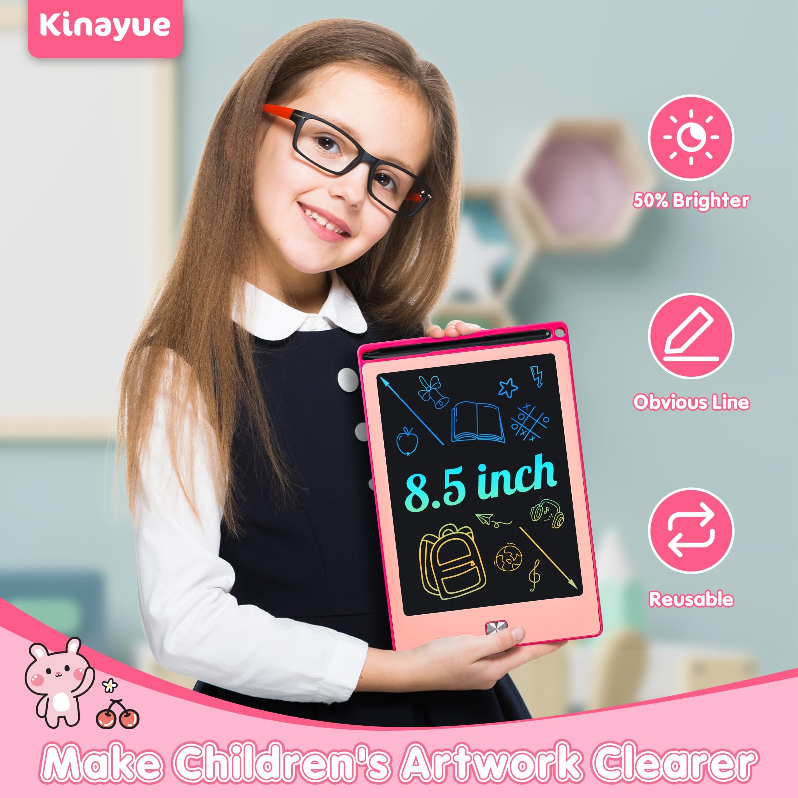 Kinayue Tavoletta Grafica Bambini LCD 8,5 pollici, Lavagnetta Cancellabile Riutilizzabile, Giocattolo da Viaggio, Regalo di Natale per il Compleanno Lavagna per Bambini da 3 a 10 anni Rosa - 5