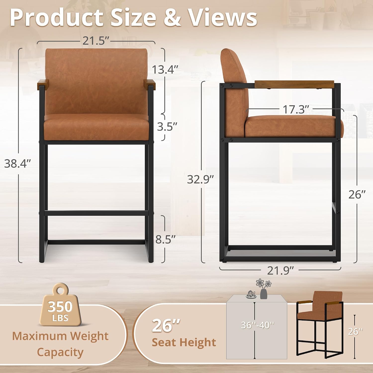 LUE BONA Bar Stools Set of 3, Counter Height Bar Stools with Backs and Arms, Modern BarStools with Metal Legs, Upholstered Bar Chairs for Kitchen Islands, Brown and Black