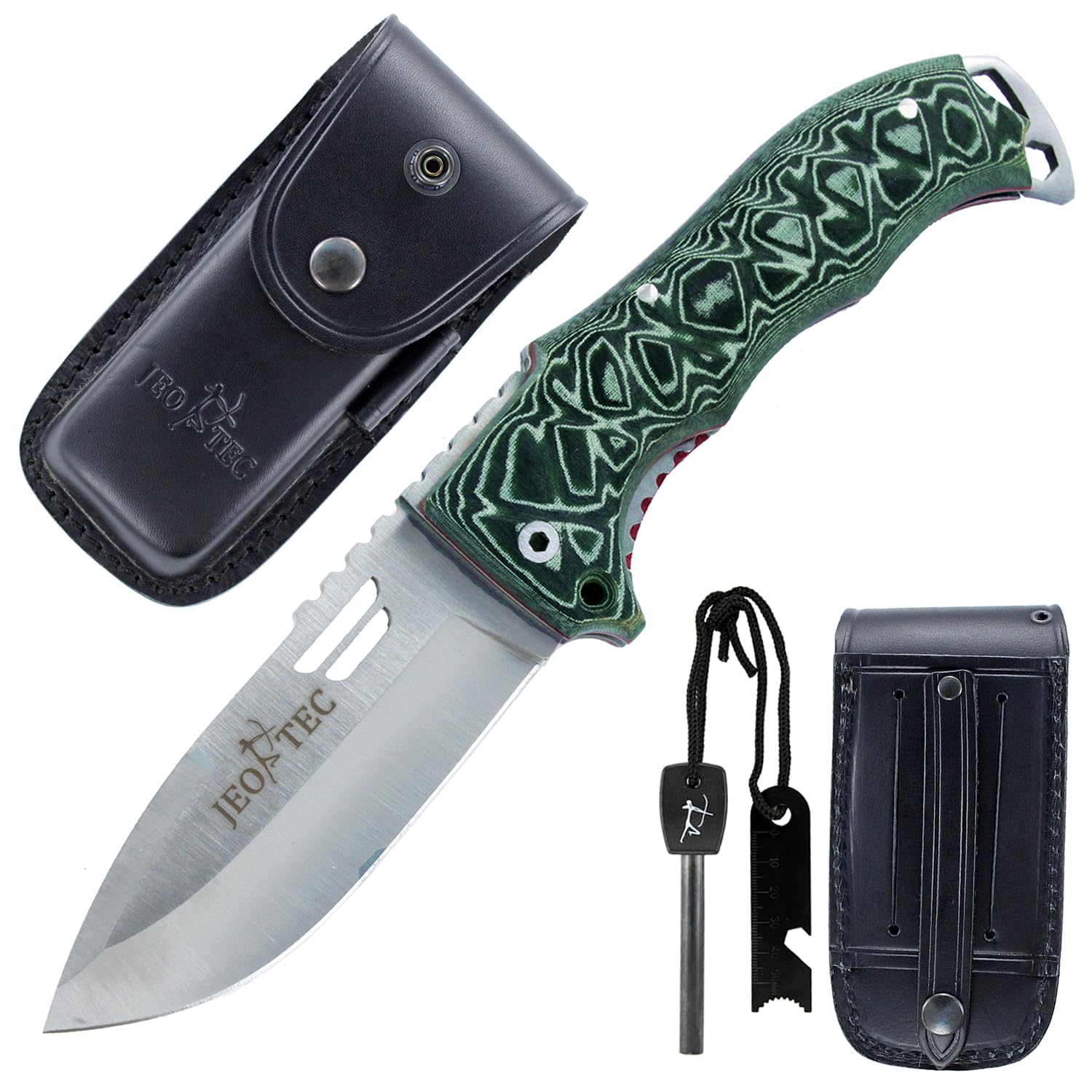 JEO-TEC Nº49 Bushcraft Survival Hunting Tactical Folding Knife - MOVA Stainless Steel - Genuine Leather Sheath and Firesteel - Handmade in Spain