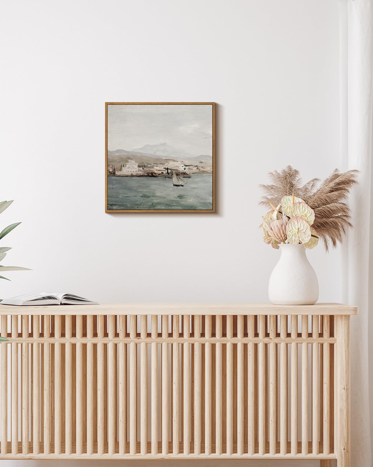 VIYYIEA Vintage Square Framed Wall Art, View of the Port Vintage Art Decor Room Aesthetic, 16x16 Inch Canvas Print Artwork, Sea Landscape Painting Wall Decor for Bedroom Bathroom Office