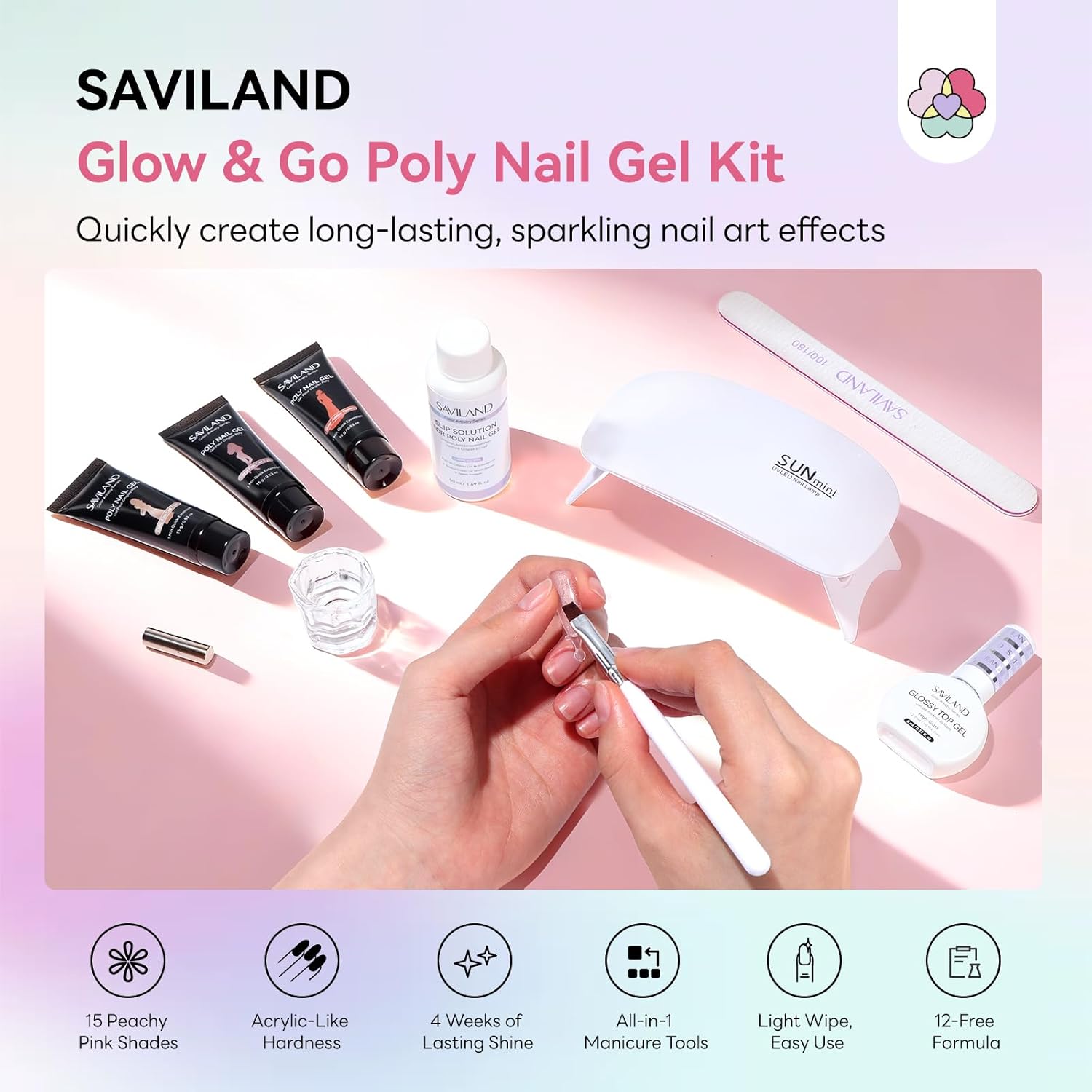 SAVILAND Hema-Free Poly Gel Nail Kit Starter: 15 Extend Gel Natural Colors Peach Rose Pink Brown Cat Eye Effect with Mini Nail Lamp Slip Solution for Long Lasting Nourish Nails Home Salon Daily DIY