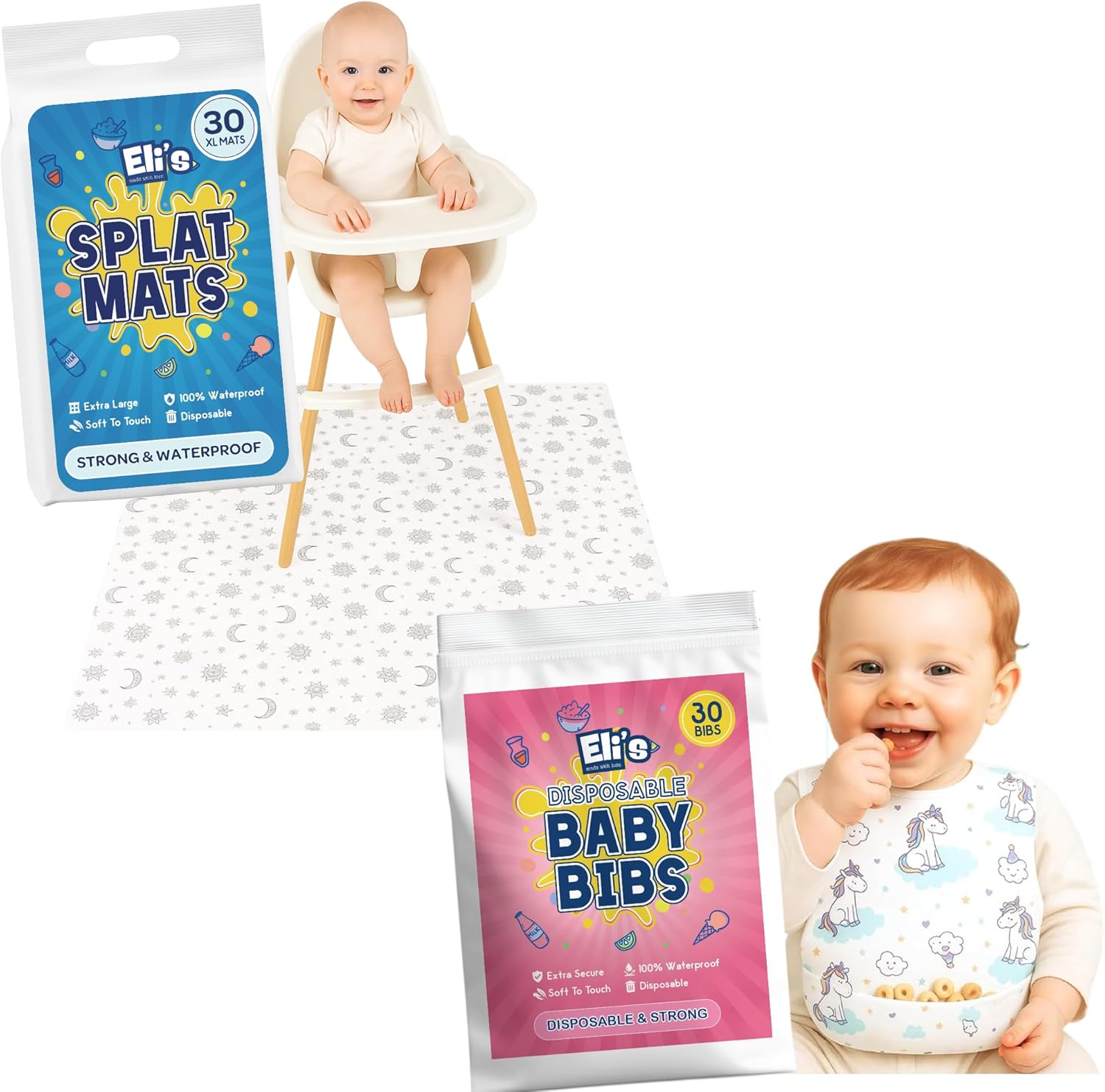 Eli with Love 30 Pack Disposable Splat Mats & Baby Bibs