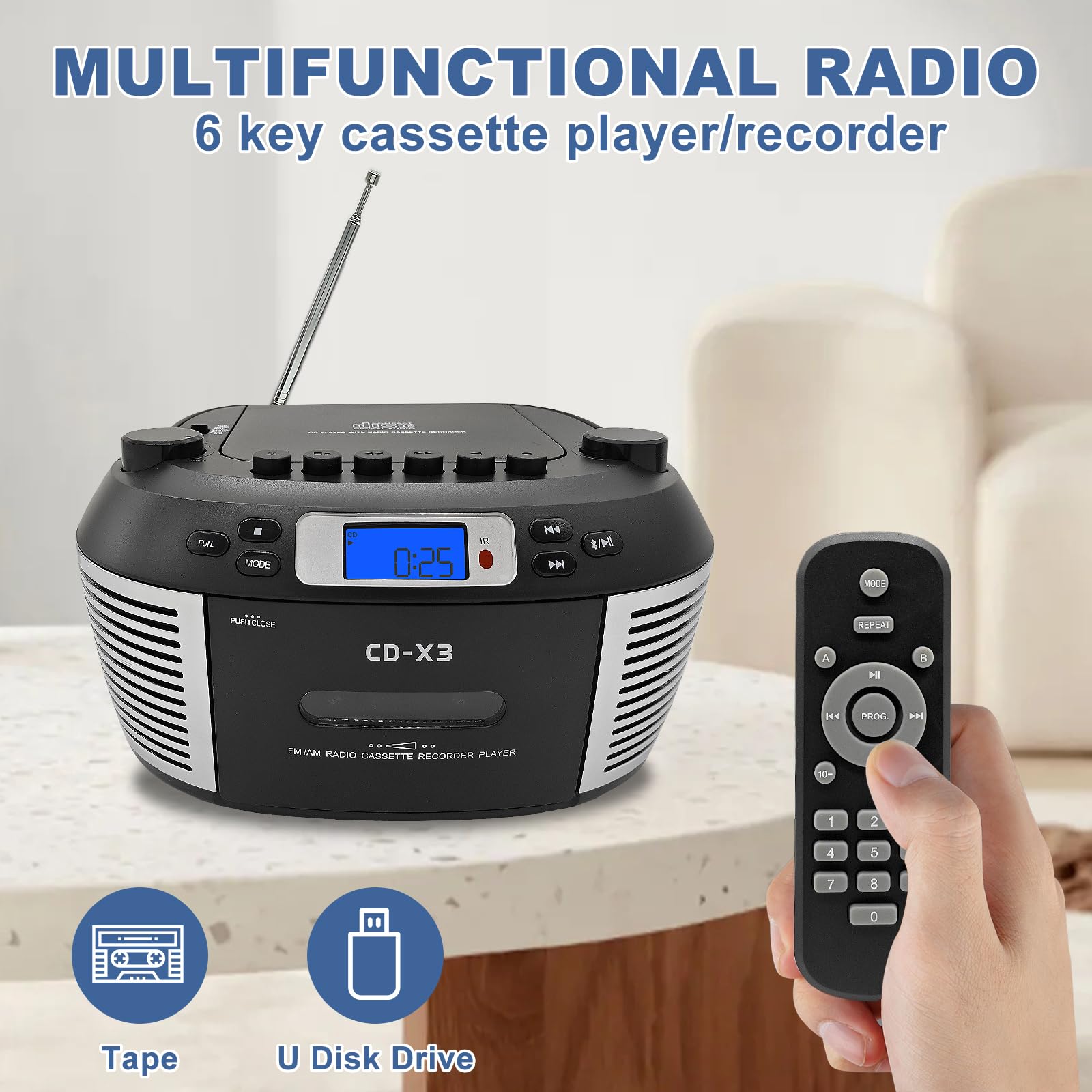 Reproductor de CD portátil y reproductor de casete con mando a distancia, radio FM AM, reproducción USB, altavoz Bluetooth, función de grabación, funciona con batería/CA para personas mayores