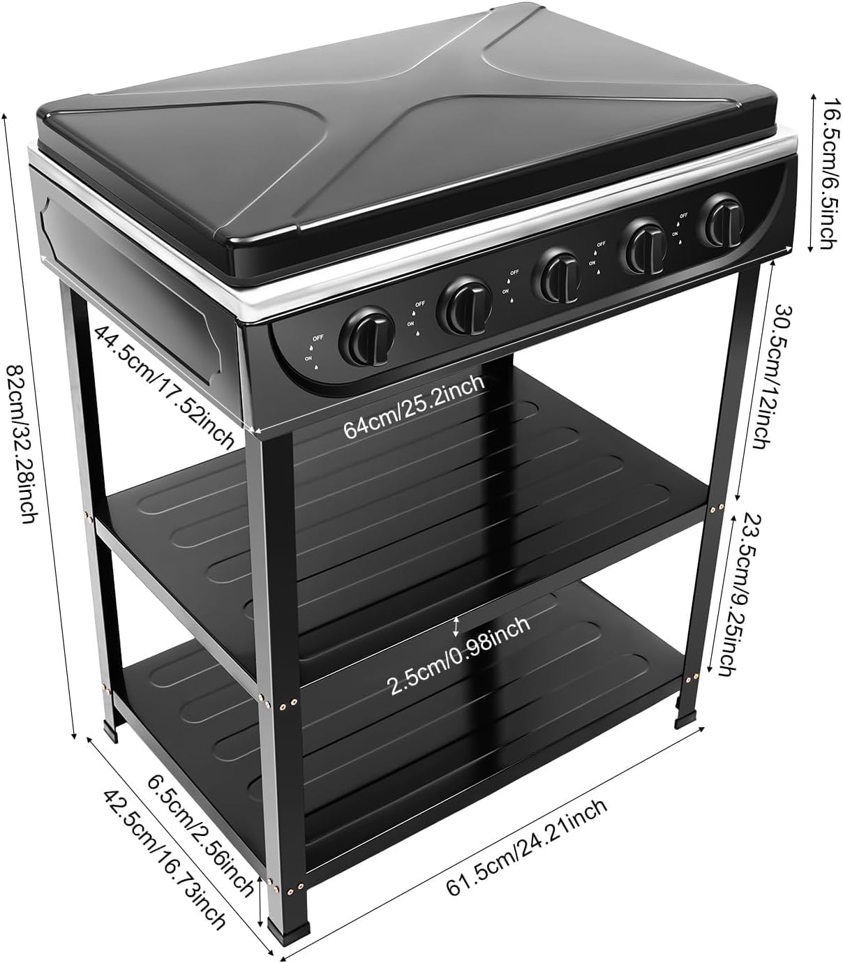 5 Burner Natural Gas Stove, Portable Outdoor Stove 2.5KW Free Standing Floor Cooktop with 2-Tier Storage Rack for Camping, Picnic, RV, Home, Apartment Outdoor Cooking (Black)