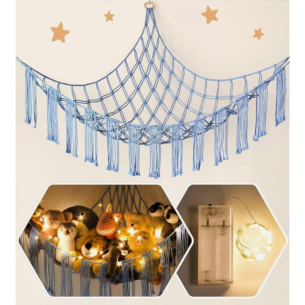 RelaxScene Stuffed Animal Storage Hammock Corner X-Large with LED Light - Baby Hammock Hanging Holder Plushies Net for Stuff Animals Organizer - Cute Room Decor Aesthetic Kids Toddler Nursery Bedroom